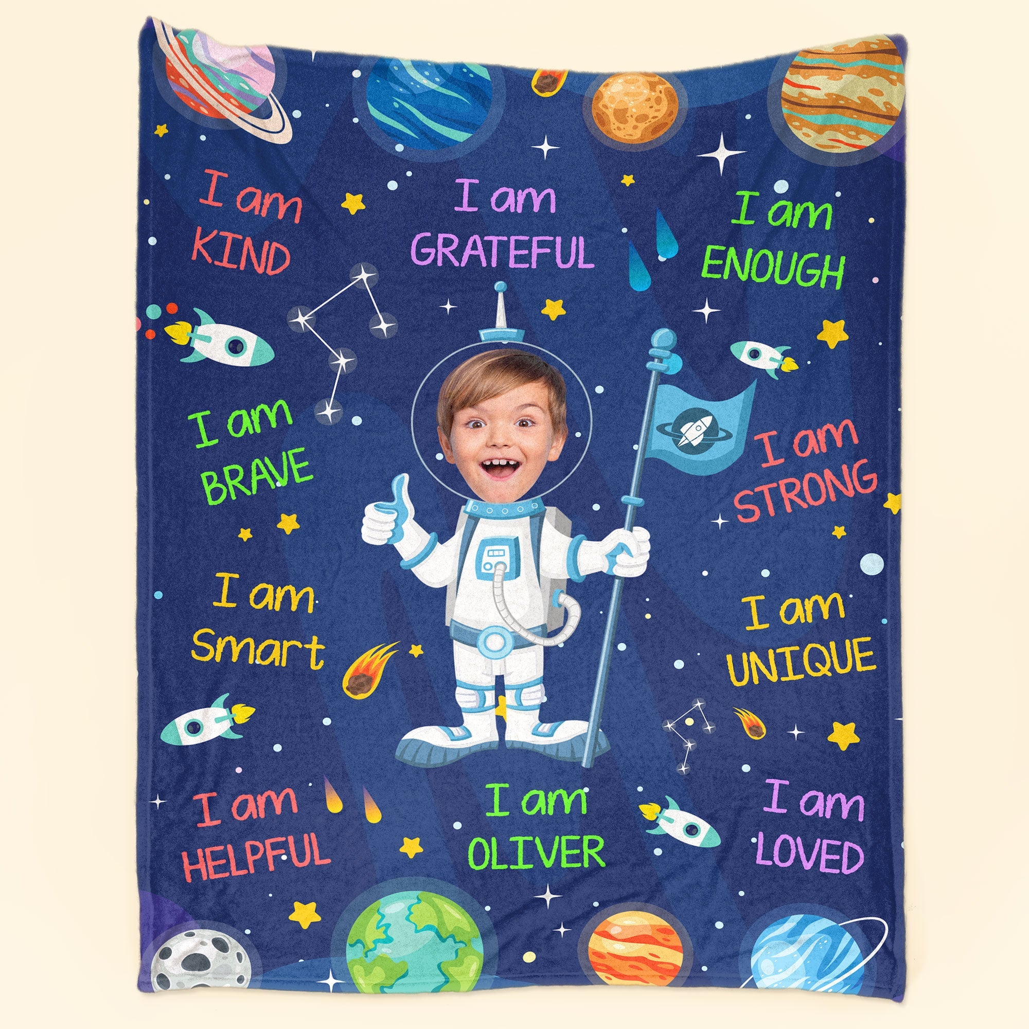 Kid Affirmations I Am Kind Smart Loved Astronaut - Personalized Kid Photo Blanket