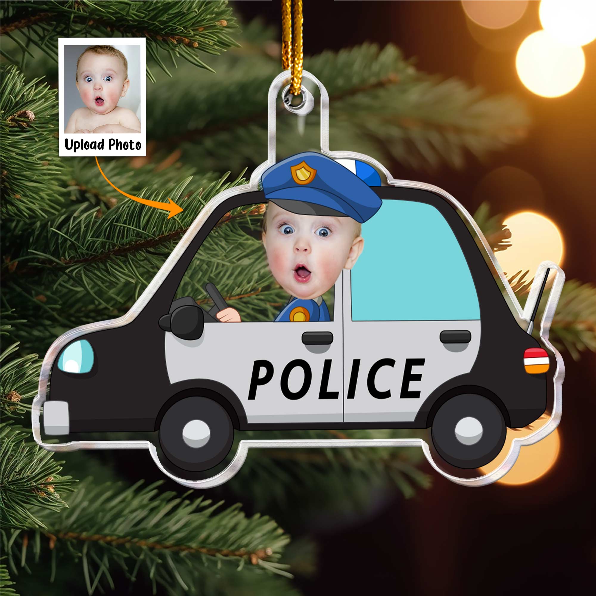 Kid Riding A Police Car- Personalized Acrylic Photo Ornament