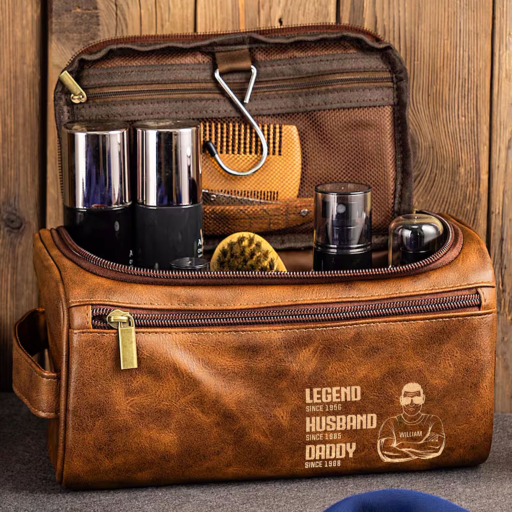 Legend, Husband, Daddy - Personalized Leather Toiletry Bag