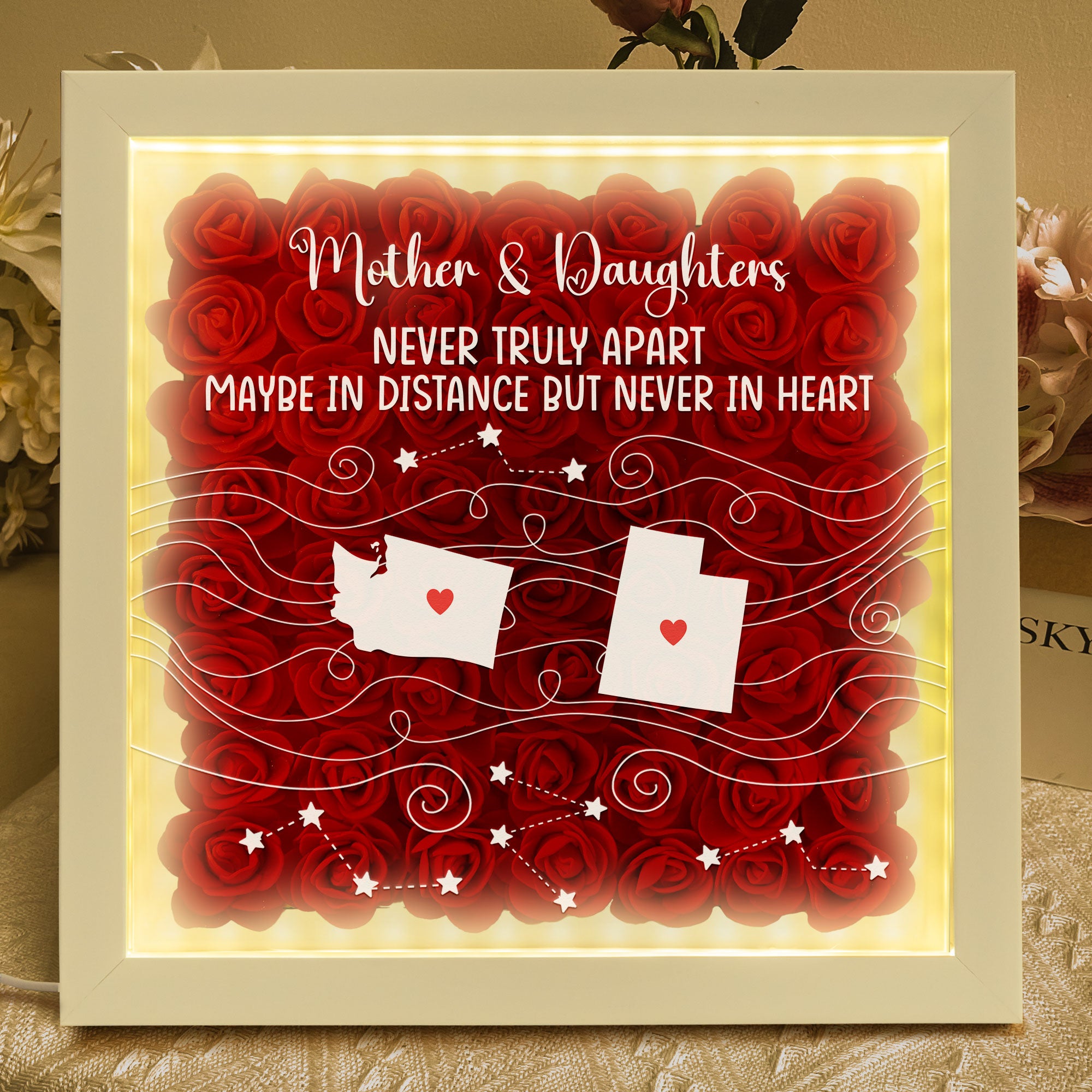 Long Distance Gifts Never Truly Apart - Personalized Flower Shadow Box With LED Light