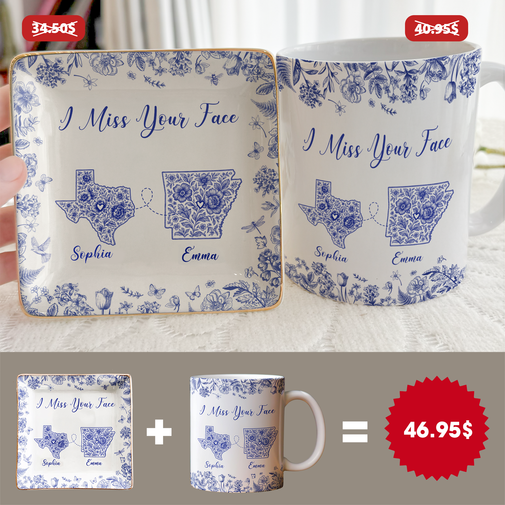 Long Distance Relationship I Miss You Toile De Jouy Custom States - Personalized Gift Set