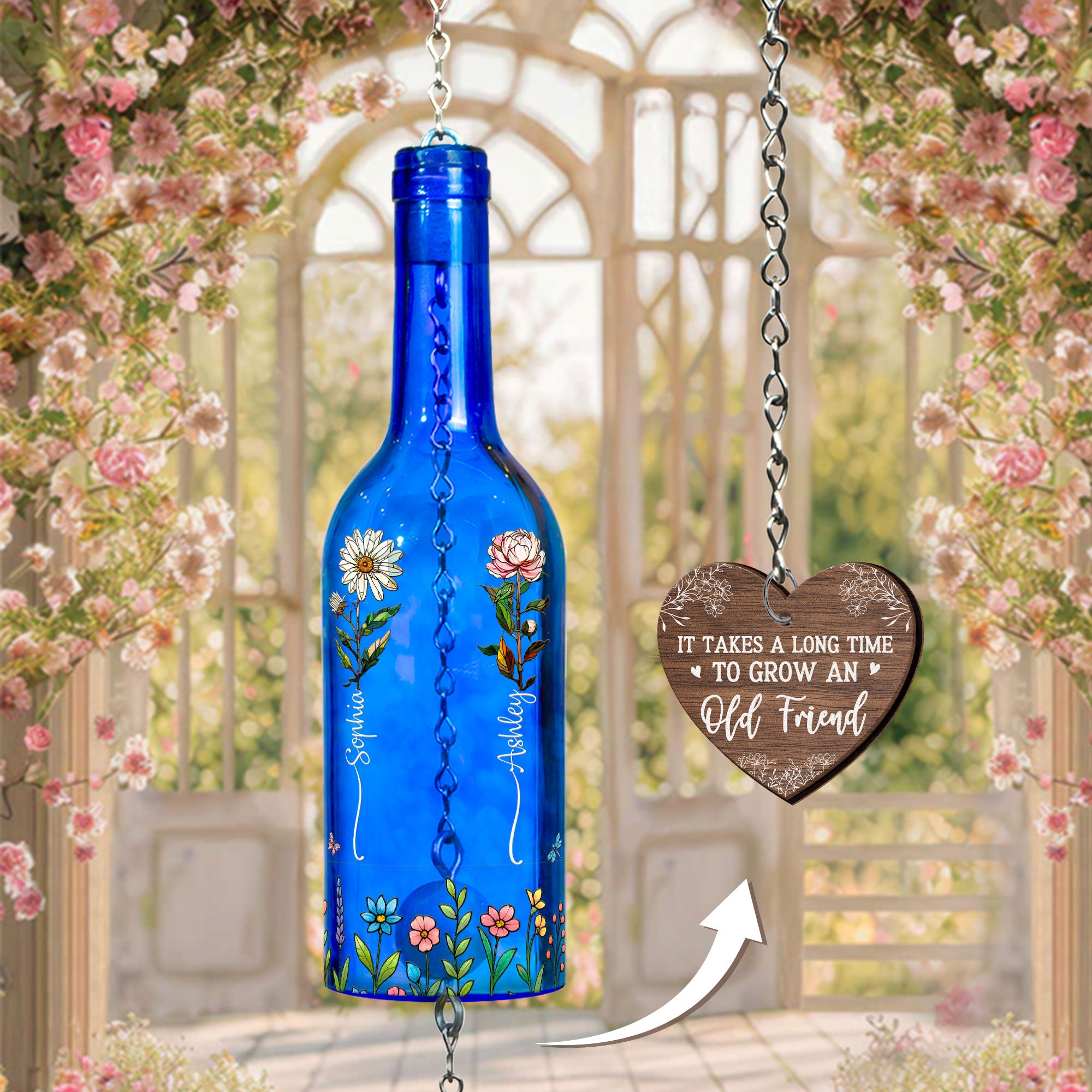 Long Time To Grow Old Friends - Personalized Wine Bottle Wind Chime
