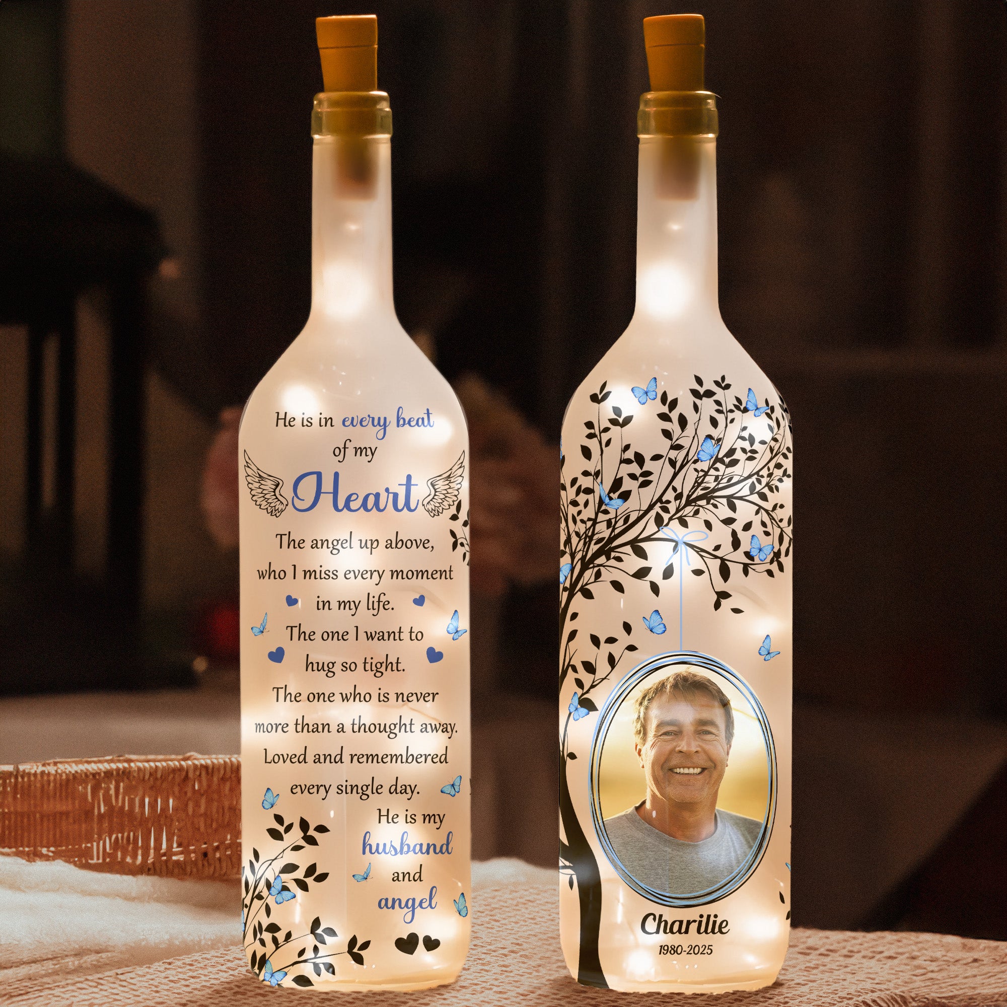 Loss Of Husband Memorial He Is My Husband And Angel - Personalized Photo Bottle Lamp