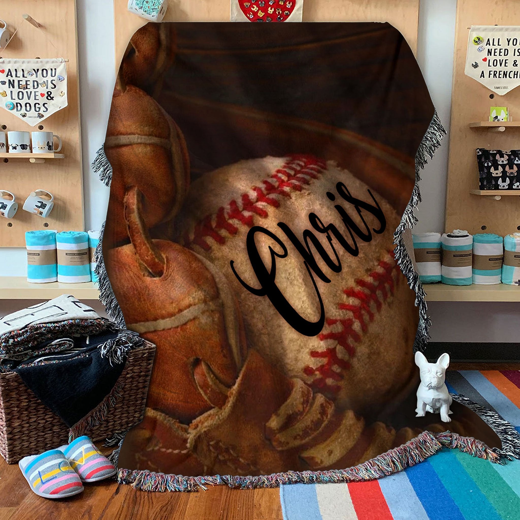 Custom Woven Blanket Baseball Glove Personalized Name Woven Throw Blanket  - 50x60-A Loves Gift