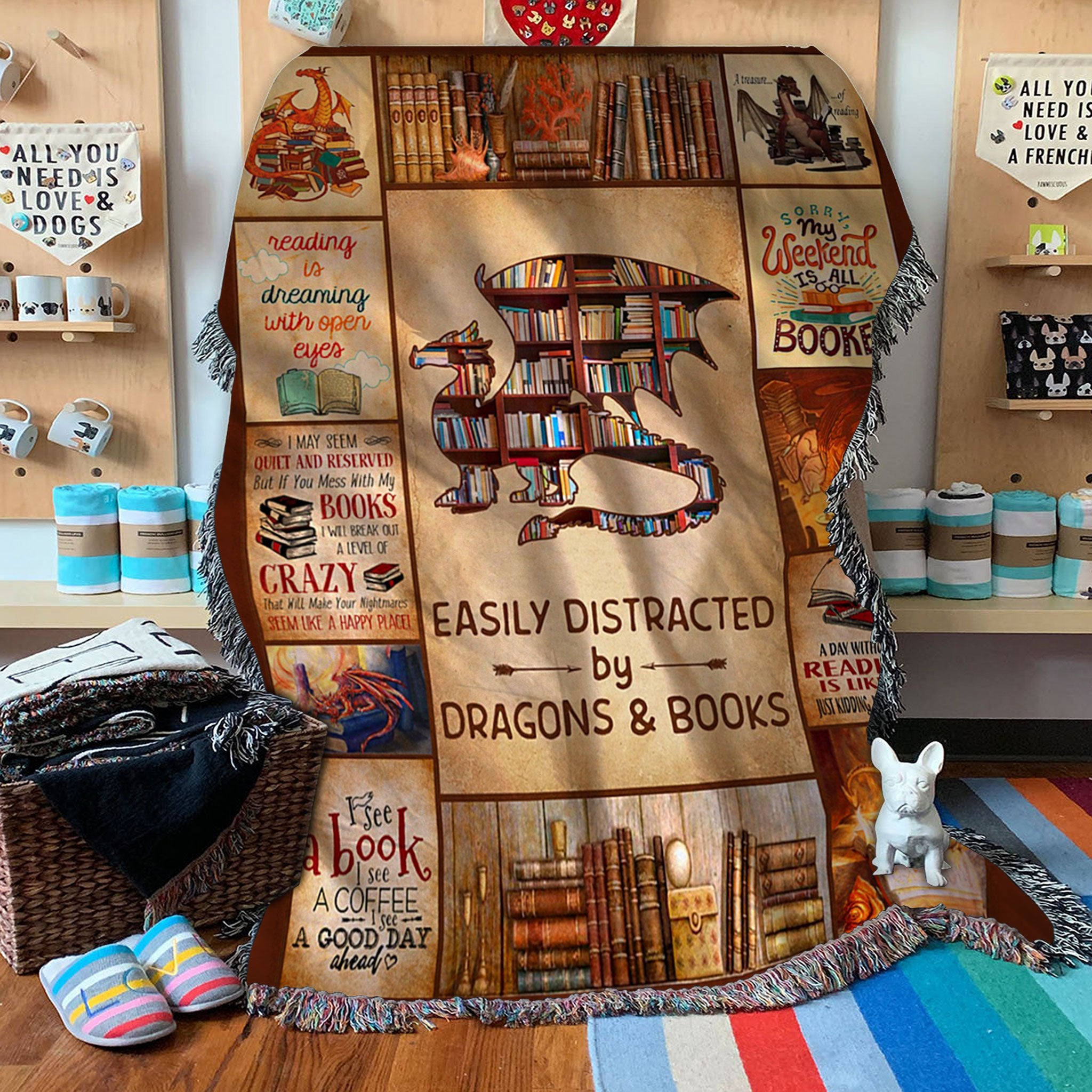 Custom Woven Blanket Easily Distracted Dragons & Books Woven Blanket  - Woven Throw Blanket - 50x60-A Loves Gift
