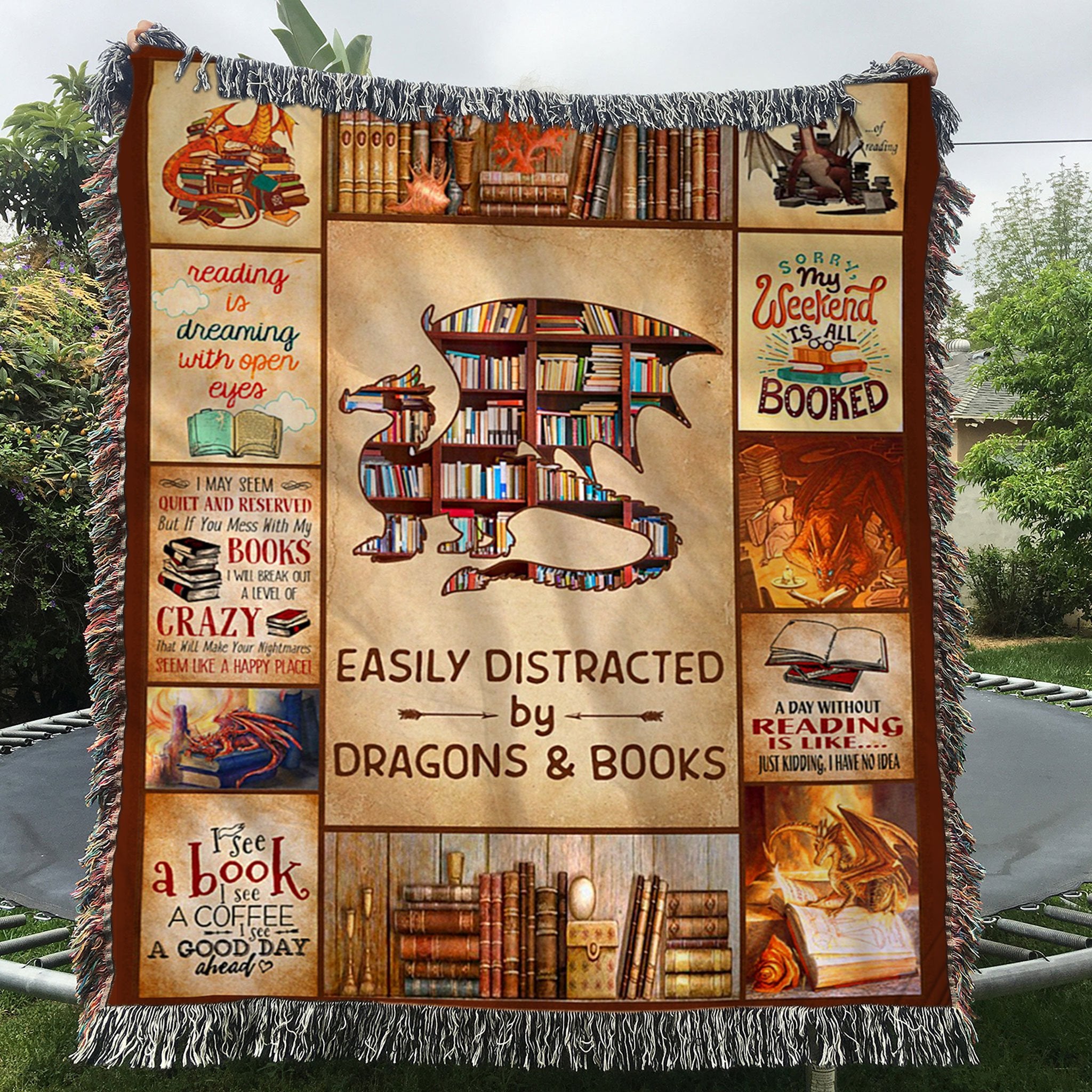 Custom Woven Blanket Easily Distracted Dragons & Books Woven Blanket  - Woven Throw Blanket - 50x60-A Loves Gift