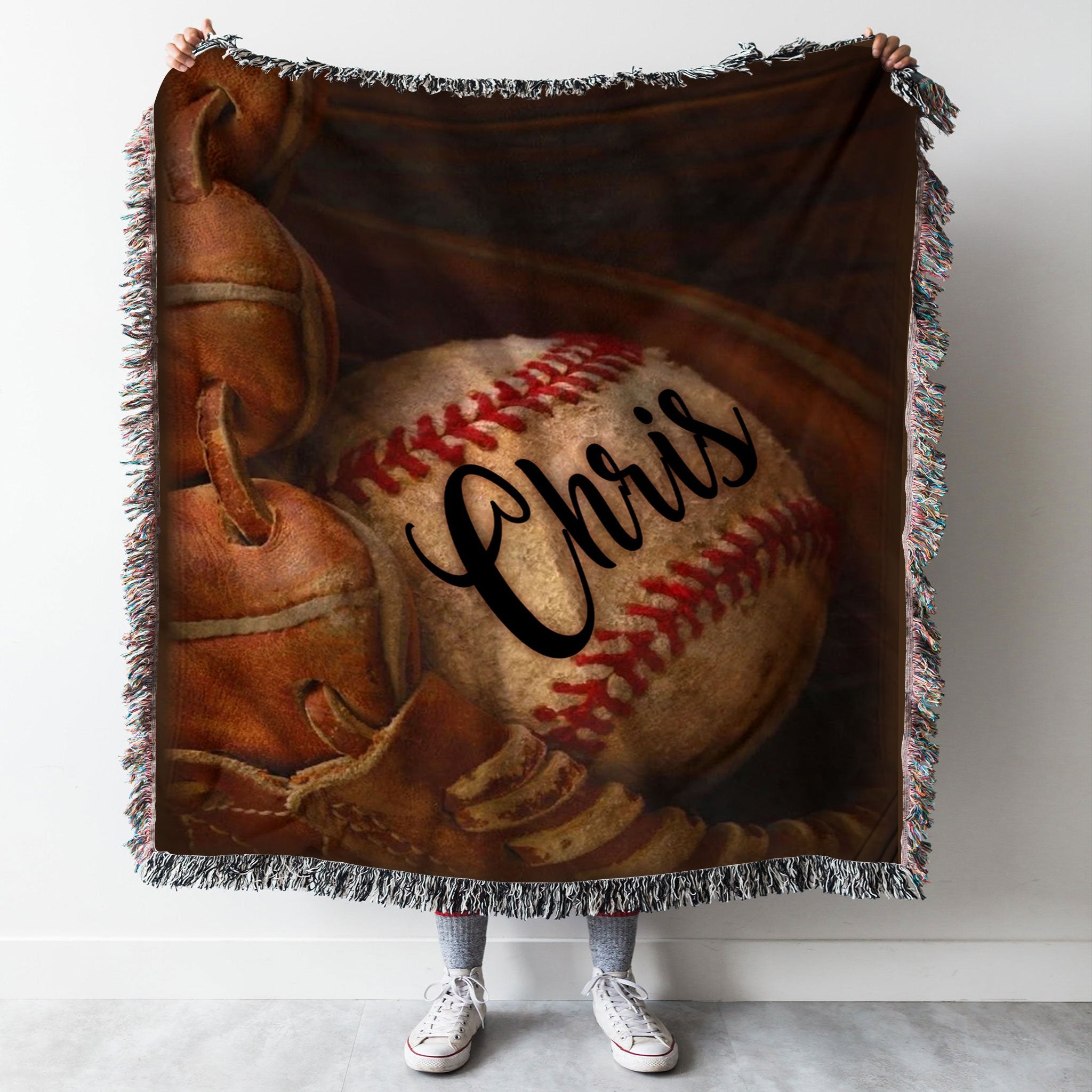 Custom Woven Blanket Baseball Glove Personalized Name Woven Throw Blanket  - 50x60-A Loves Gift