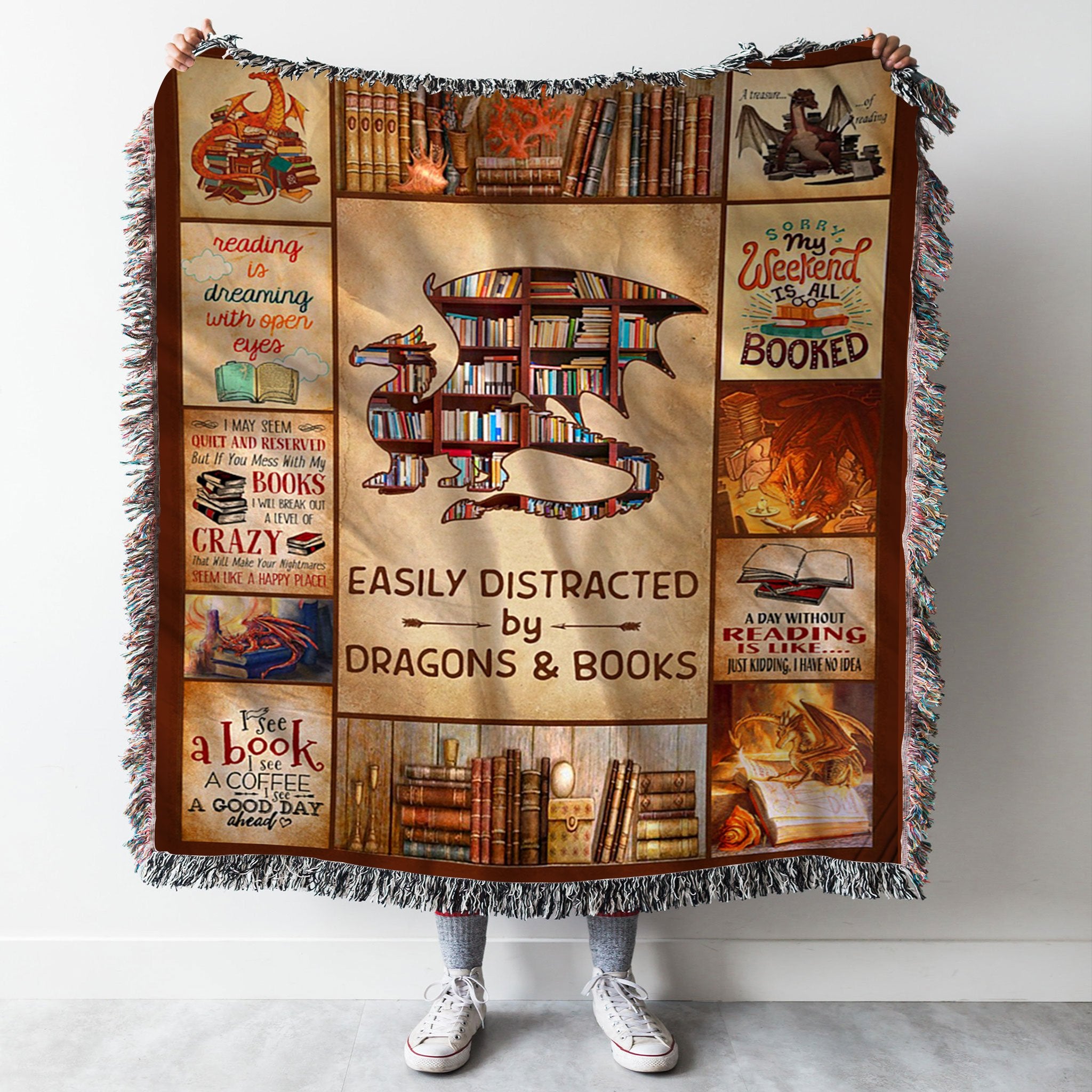 Custom Woven Blanket Easily Distracted Dragons & Books Woven Blanket  - Woven Throw Blanket - 50x60-A Loves Gift