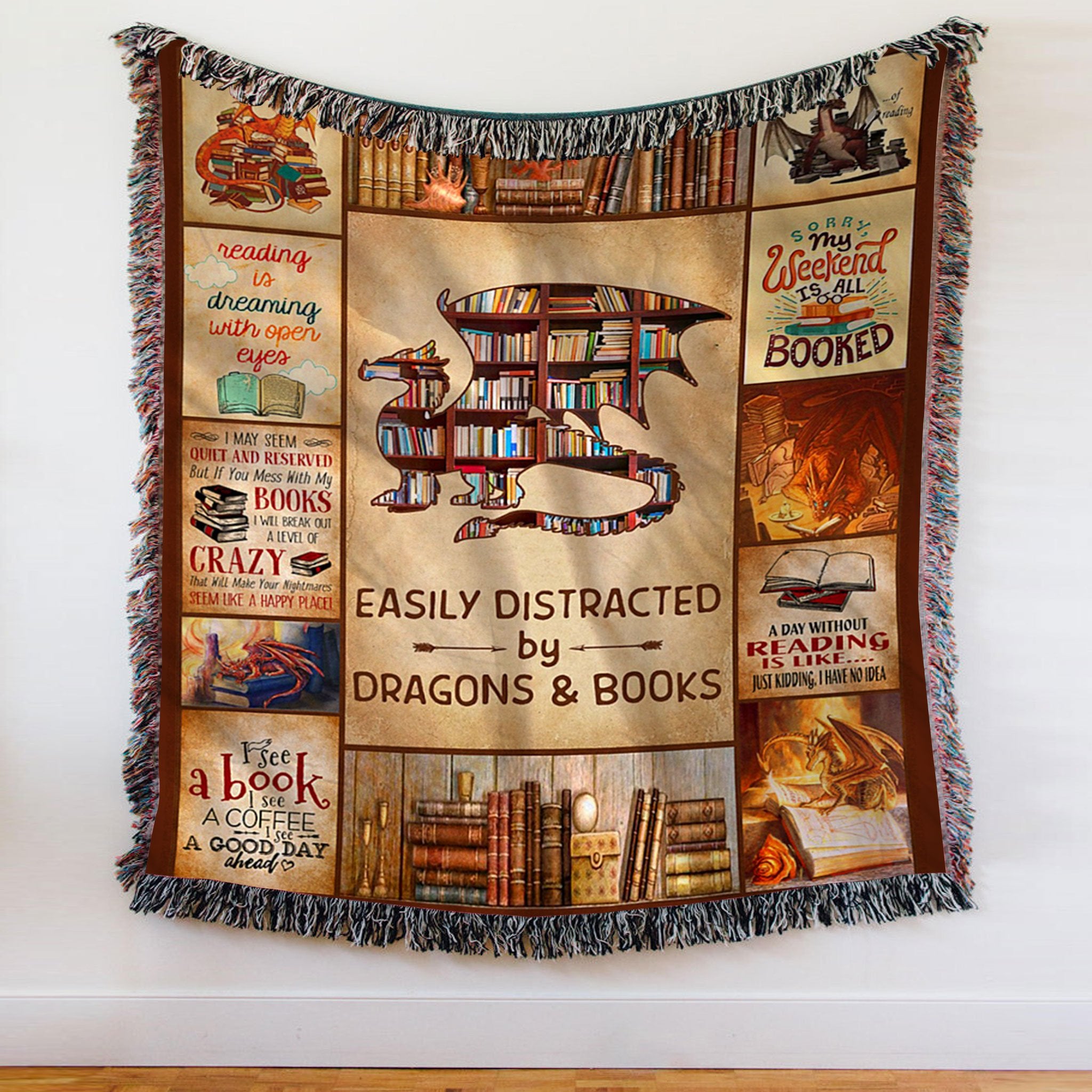 Custom Woven Blanket Easily Distracted Dragons & Books Woven Blanket  - Woven Throw Blanket - 50x60-A Loves Gift