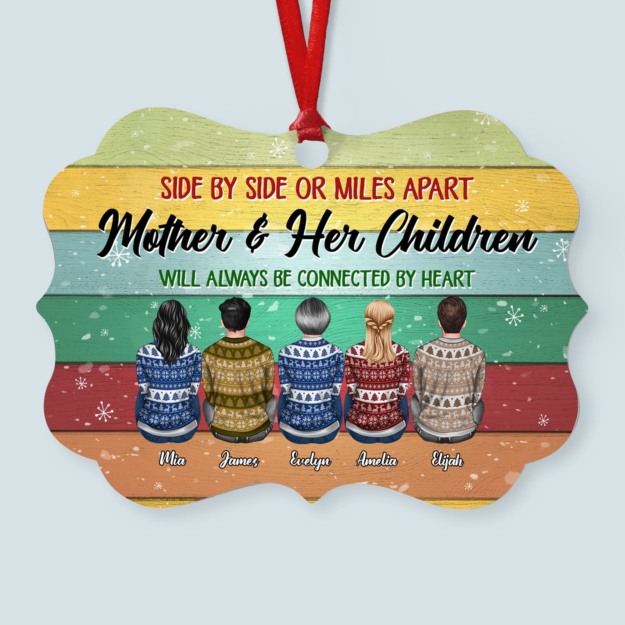 Mother And Her Children Will Always Be Connected By Heart - Personalized Aluminum Ornament - Christmas Gift For Mom, Mother, Mama - Ugly Christmas Sweater Sitting