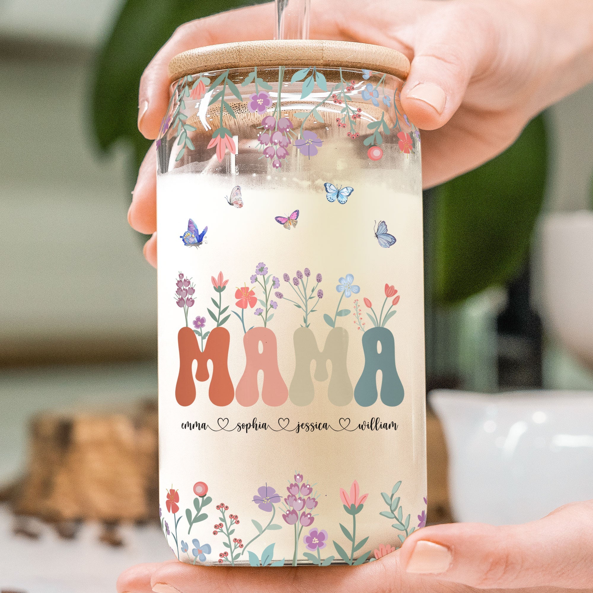 Mama Grandma Mimi Gigi Floral With Kids Names - Personalized Clear Glass Cup