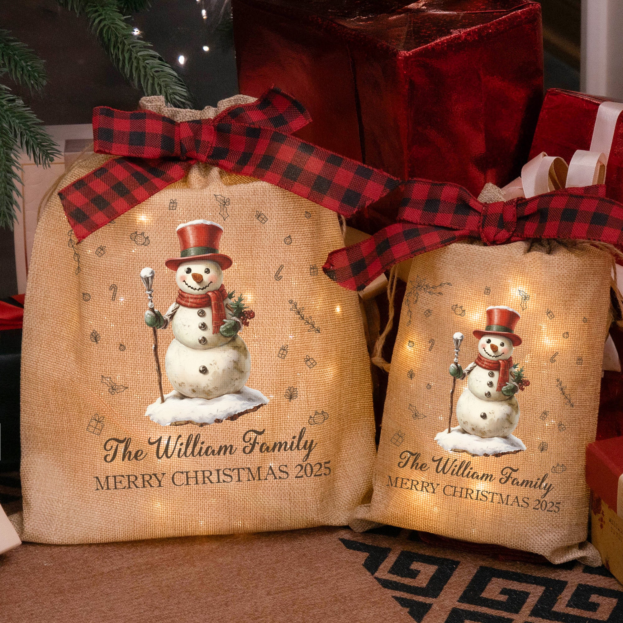 Merry Christmas Vintage Style - Personalized Lighted Burlap Sack