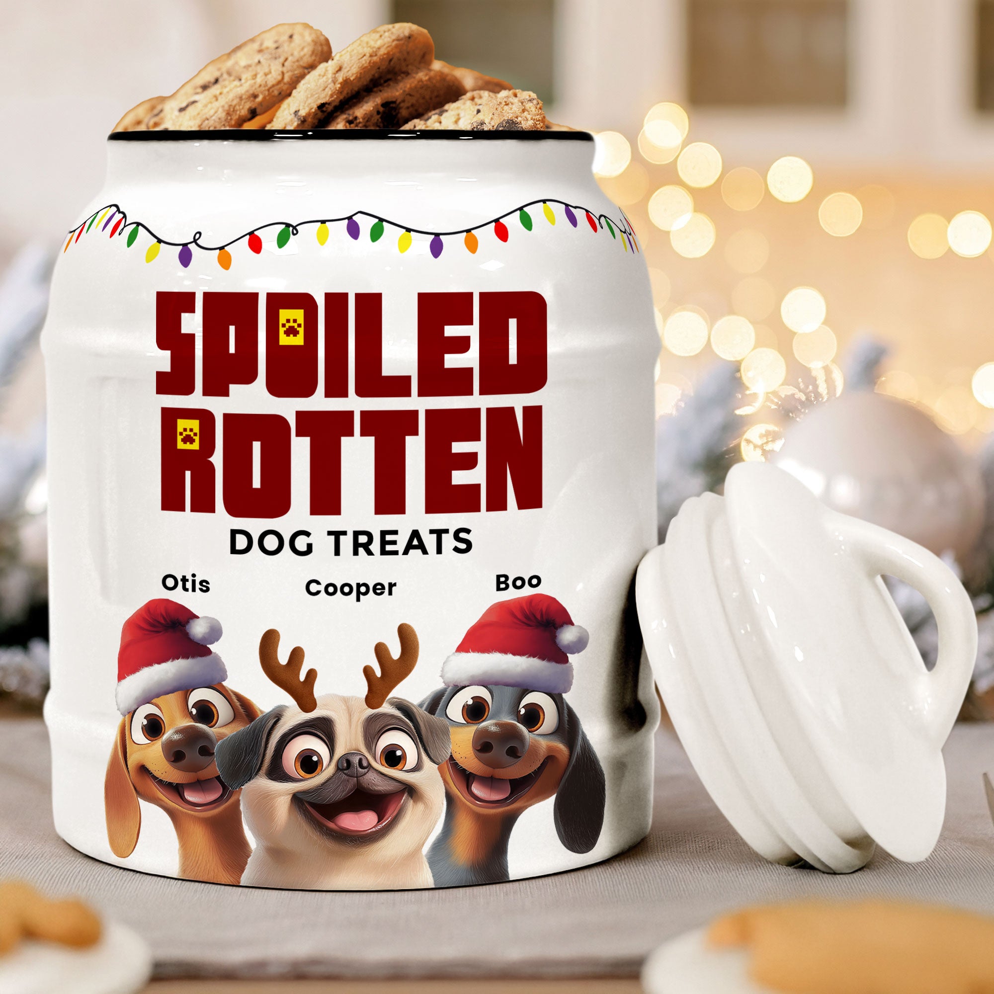Merry Woofmas Spoiled Rotten Dog Treats - Personalized Cookie Jar