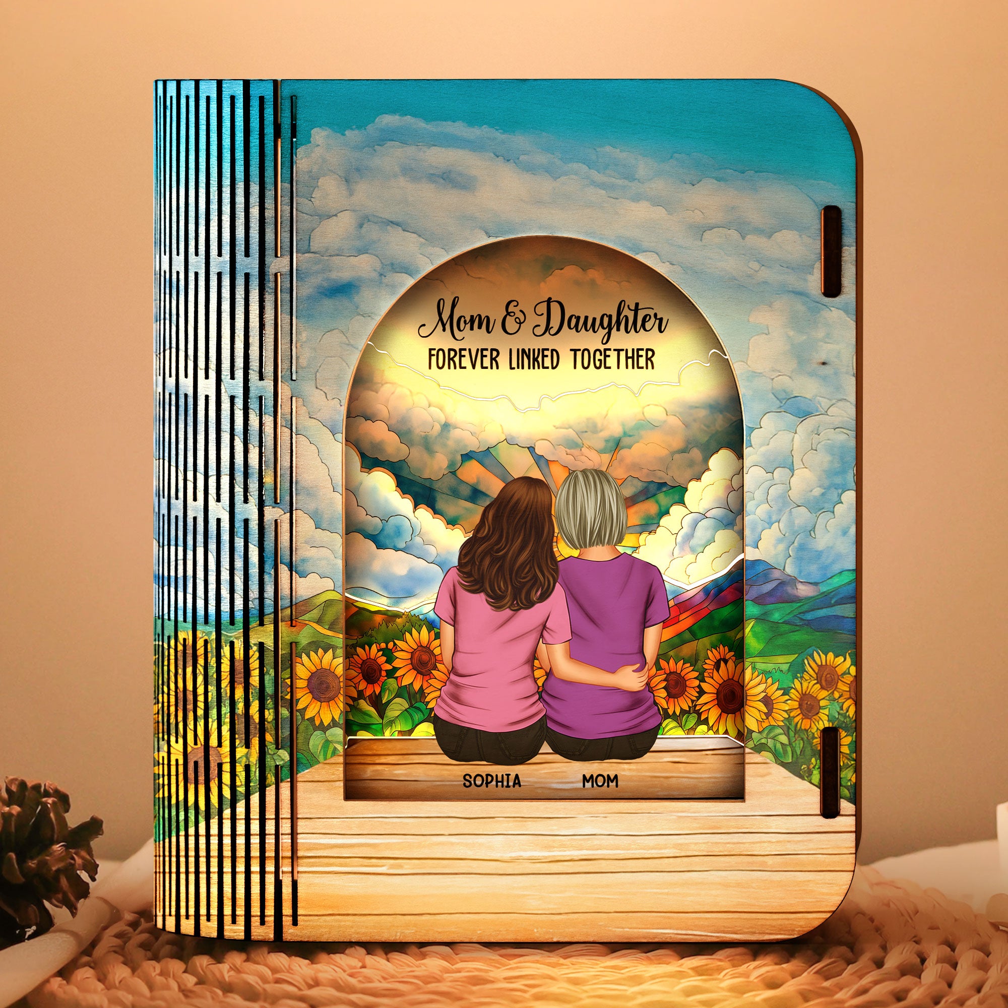 Mom And Daughters Forever Linked Together - Personalized 3D Wooden Puzzle Night Light