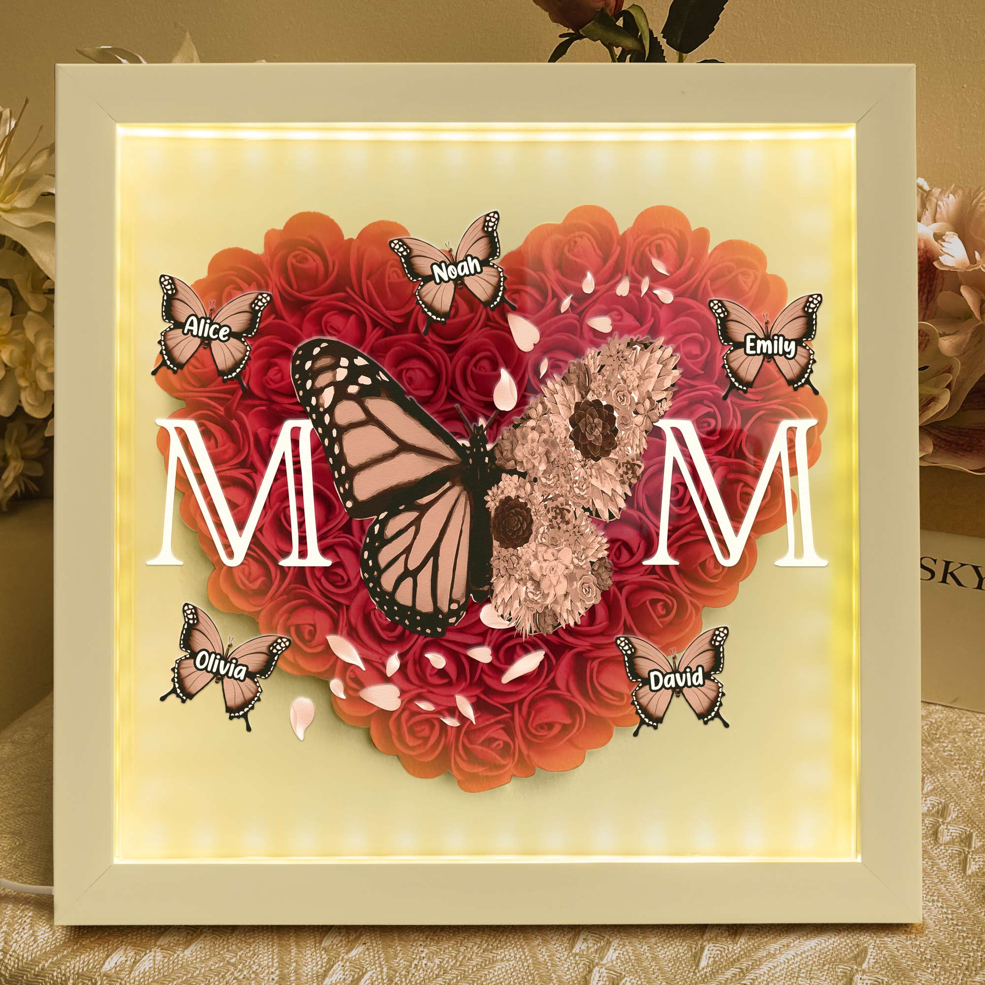 Mom - Butterfly Version - Personalized Flower Shadow Box With LED Light