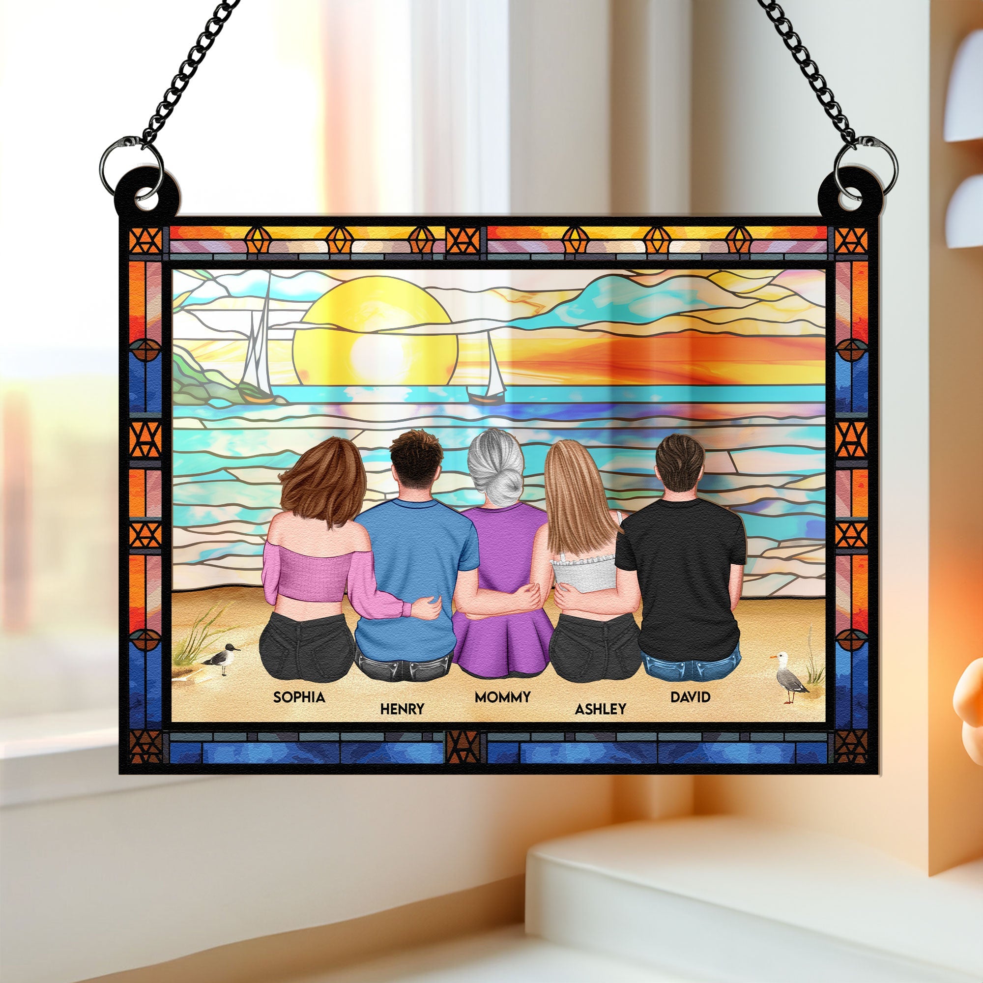 Mom & Children Sitting On The Beach - Personalized Window Hanging Suncatcher Ornament - Gift For Mom