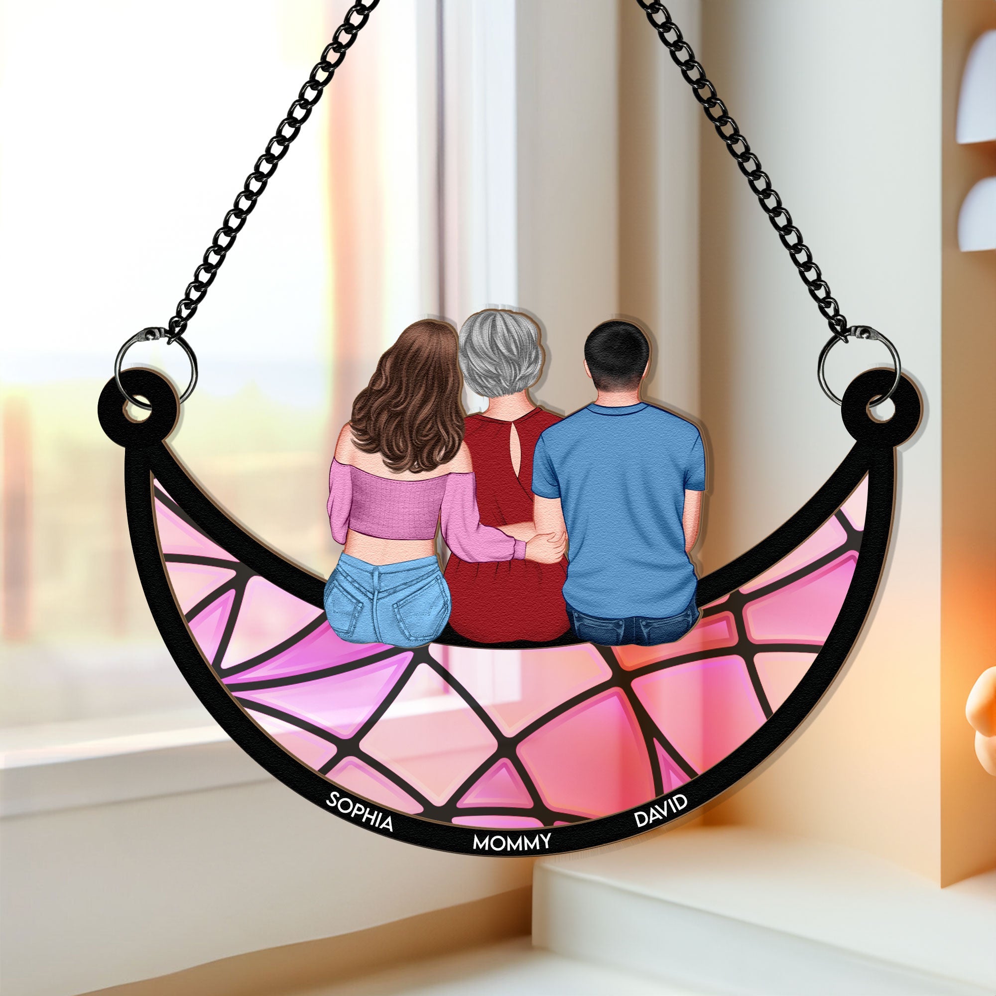 Mom, Children Sitting On The Moon - Personalized Window Hanging Suncatcher Ornament - Gift For Mom