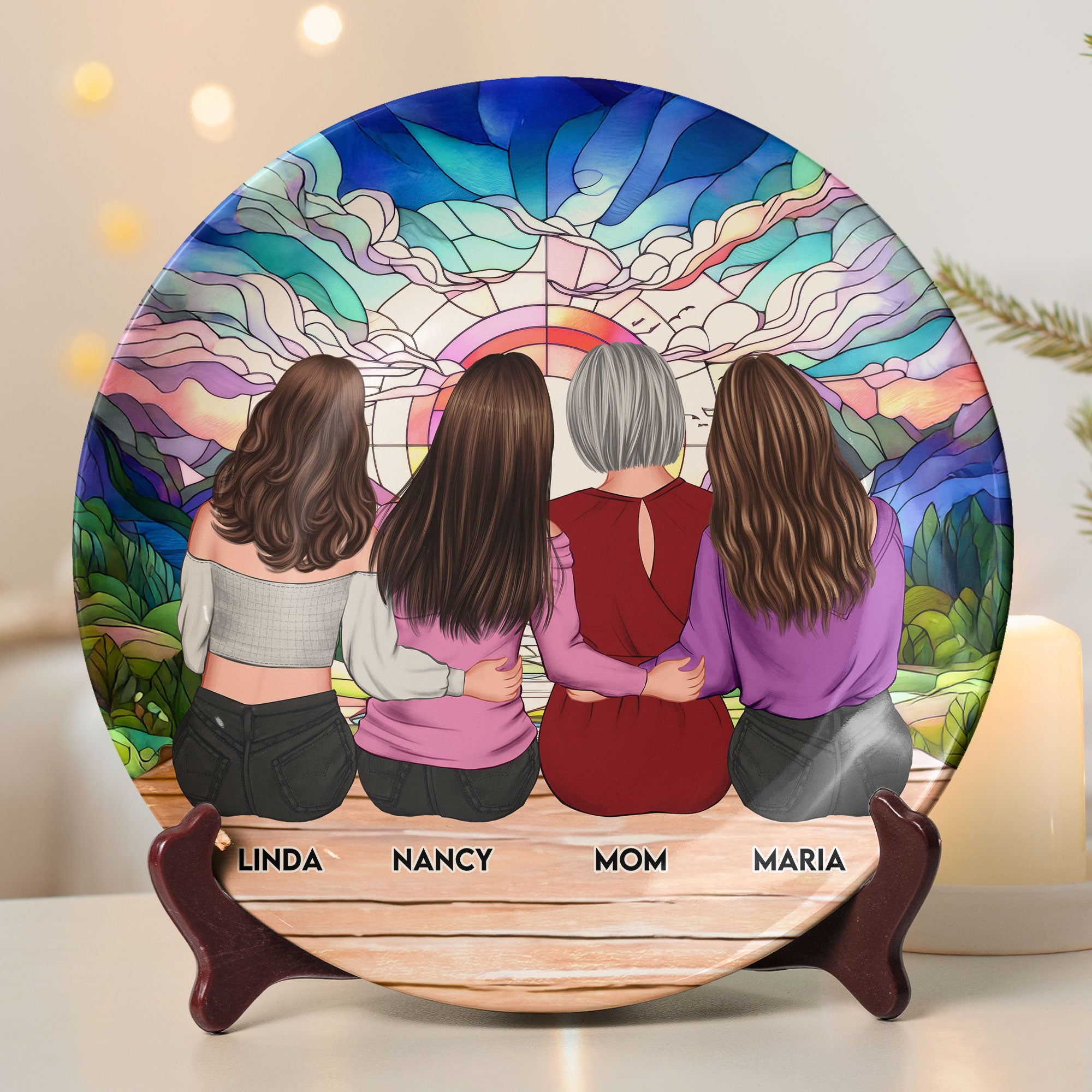 Mom & Daughters Sitting Together - Personalized Ceramic Plate