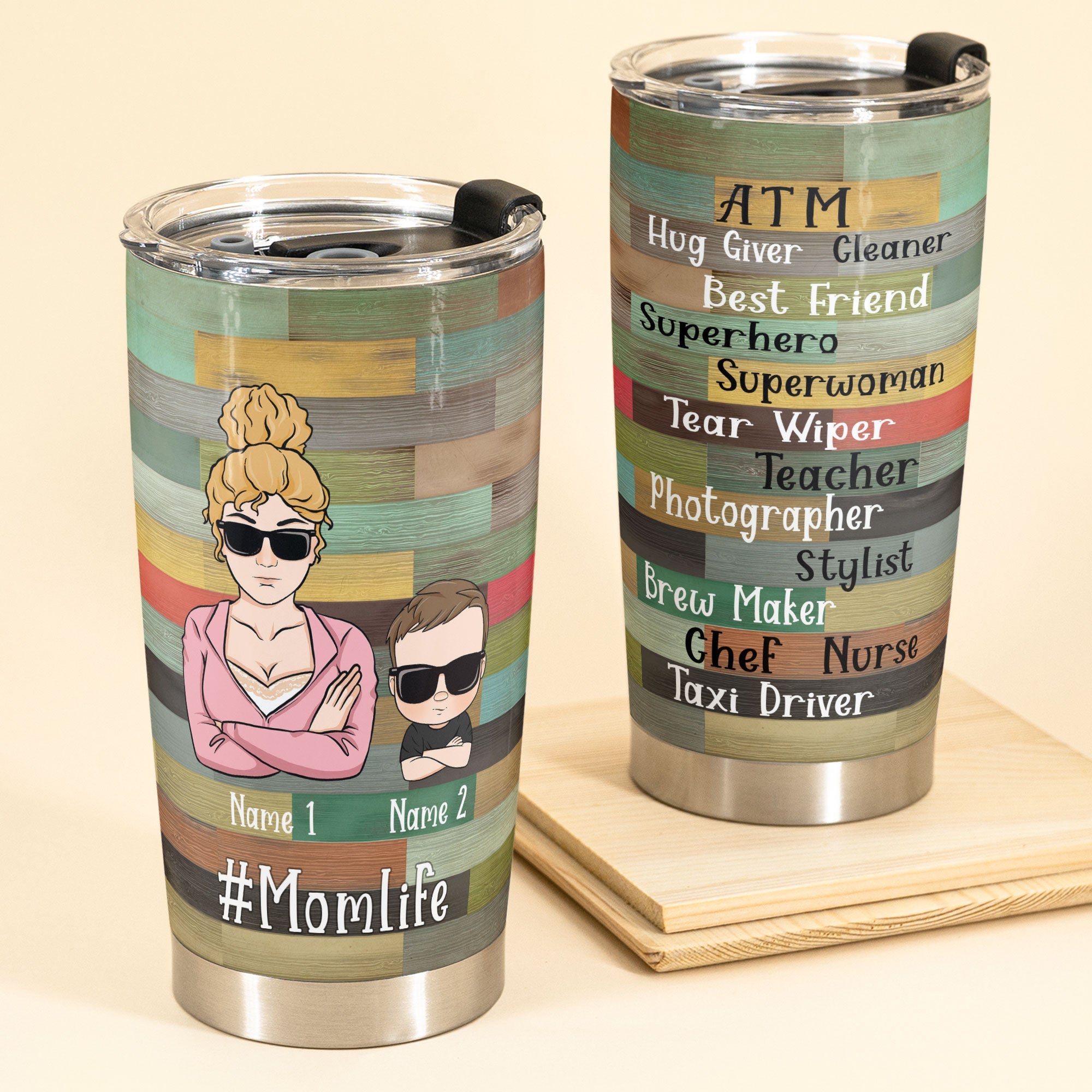 Mom Life Superwoman - Personalized Tumbler Cup - Man/Woman/Kids Illustration