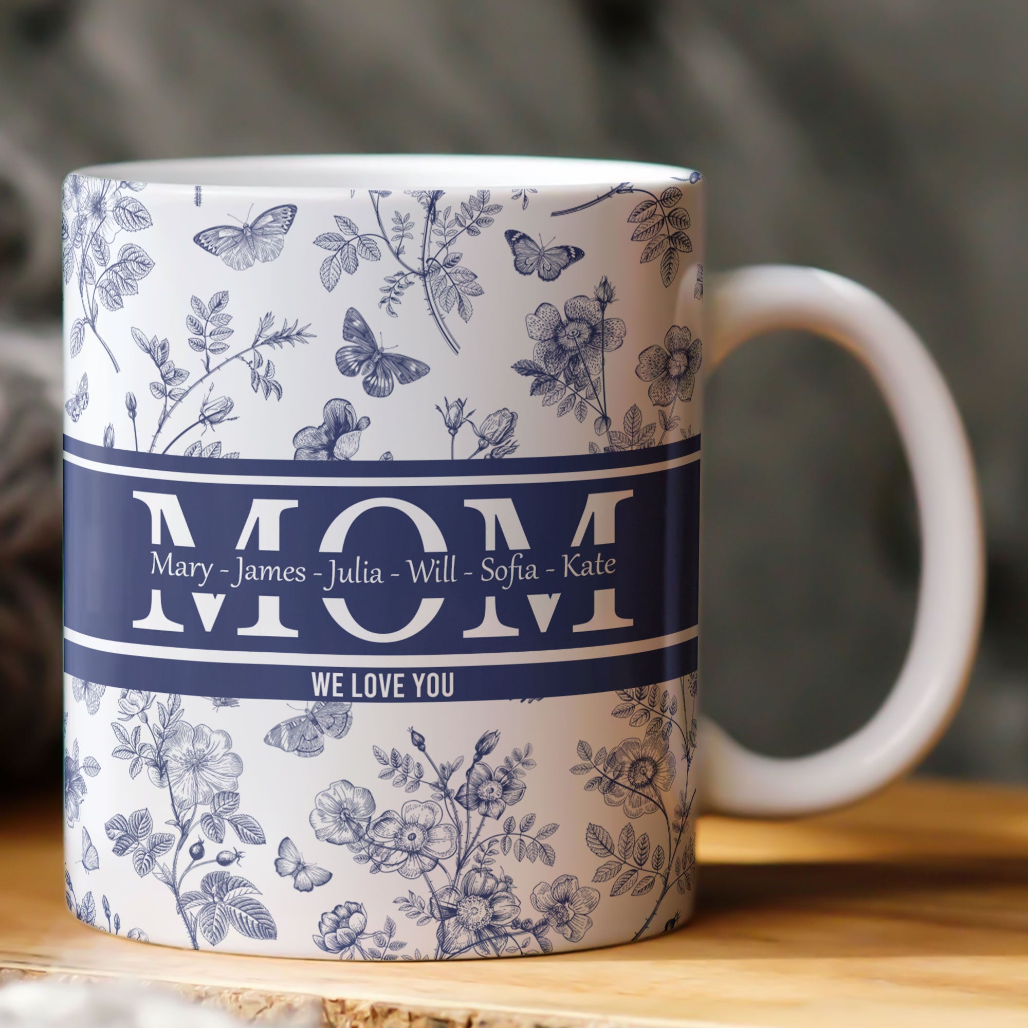 Mom, Mama, Grandma, Mimi With Kids' Names - Blue Toile De Jouy - Personalized Mug