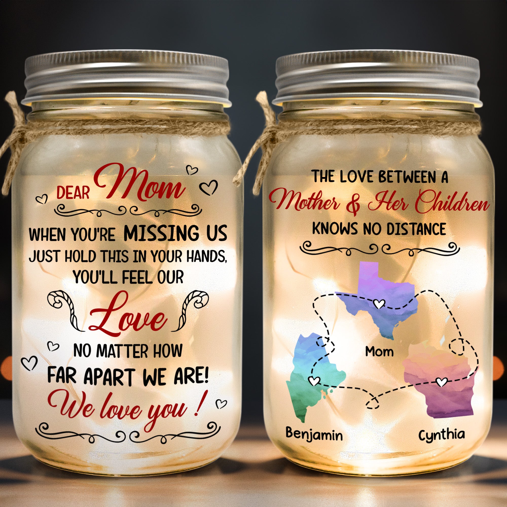 Mom No Matter How Far Apart We Are We Love You - Personalized Mason Jar Light