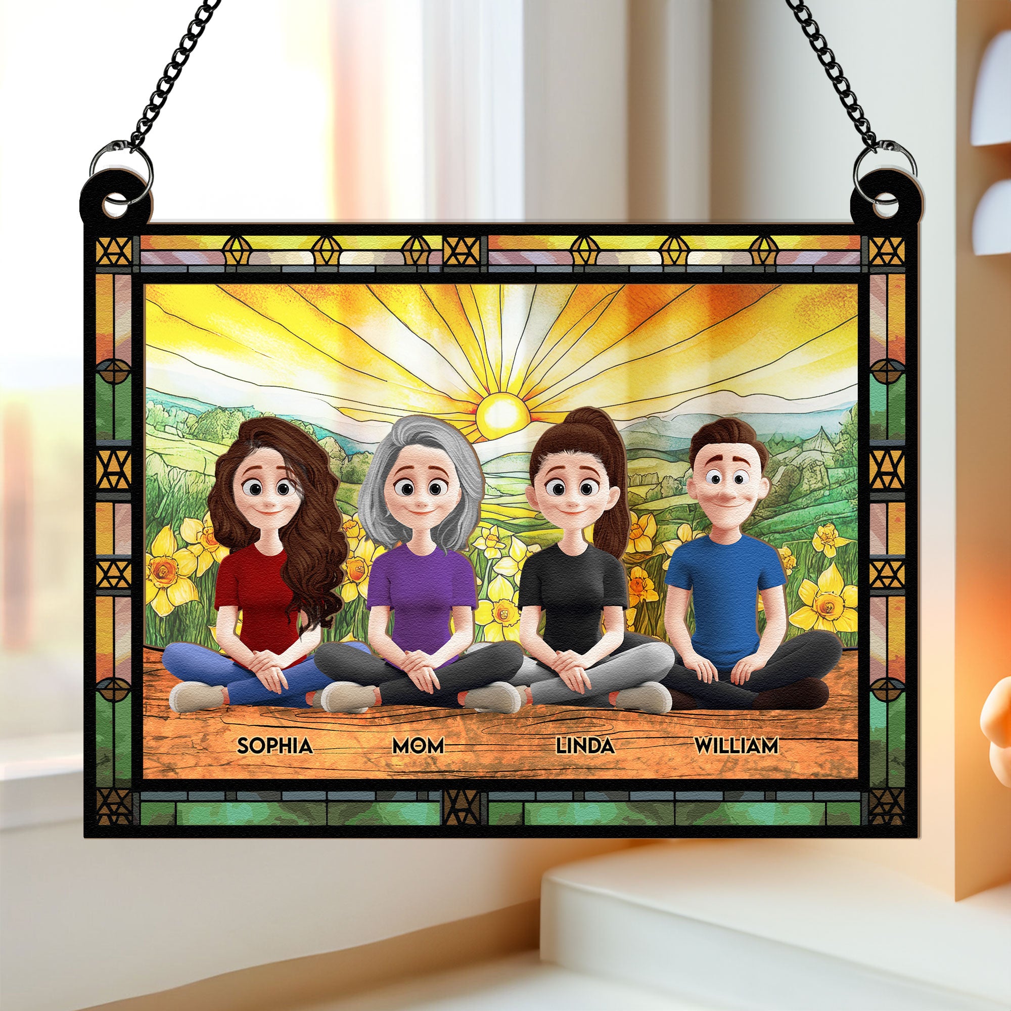 Mom Sitting With Children - Personalized Window Hanging Suncatcher Ornament