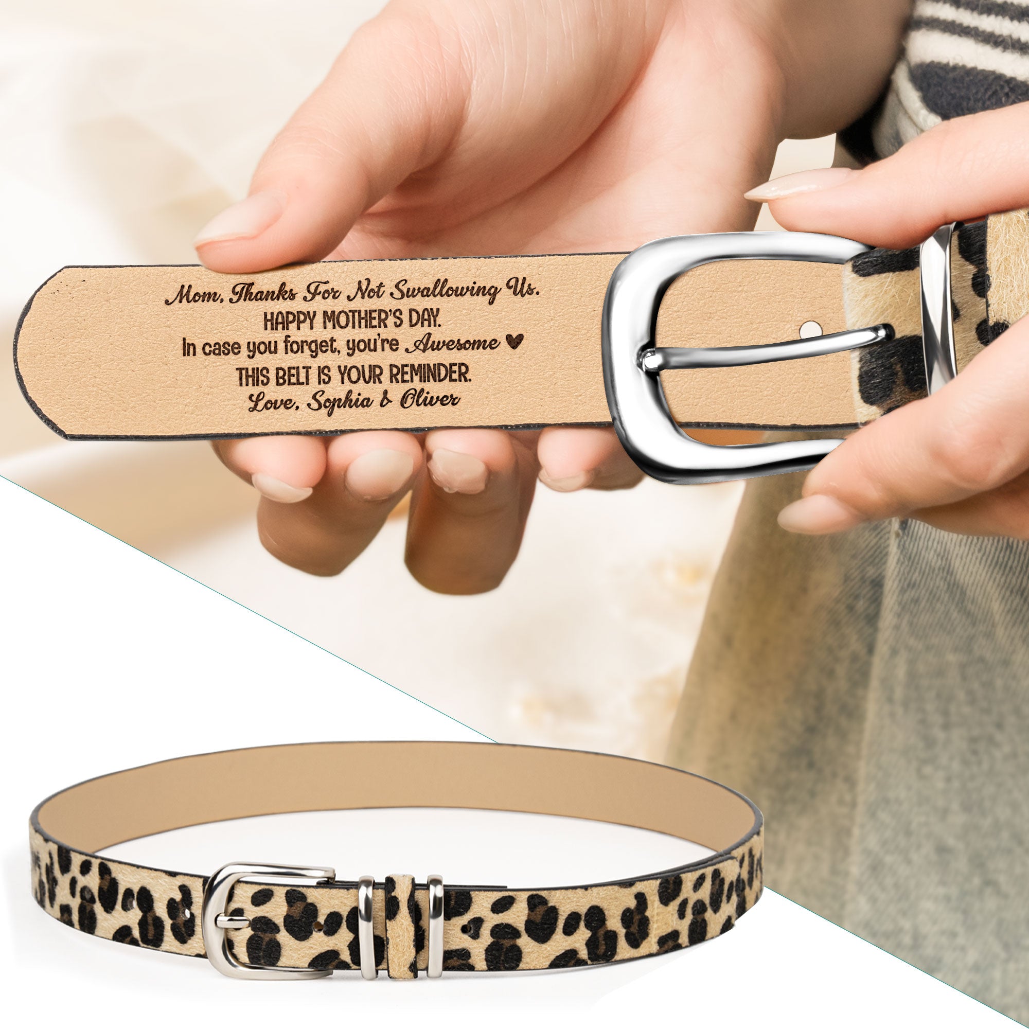 Mom, Thanks For Not Swallowing Us - Personalized Animal Print Leather Belt