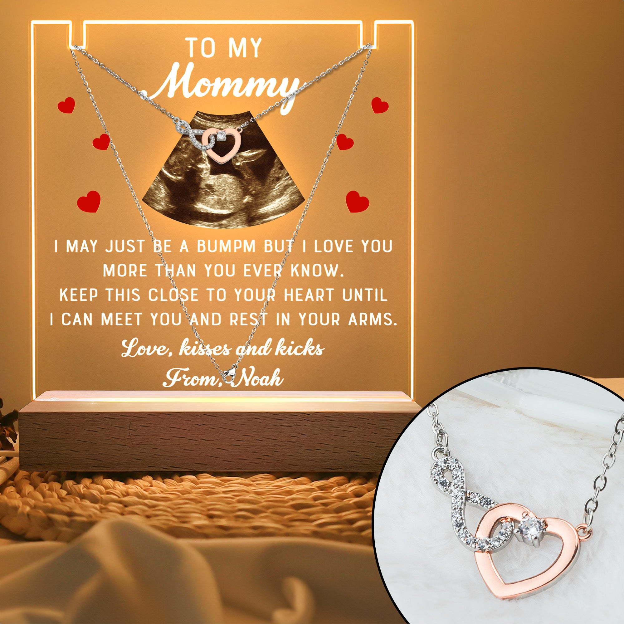 Mom To Be Mother's Day - Personalized LED Light Acrylic Photo Plaque With Infinity Necklace