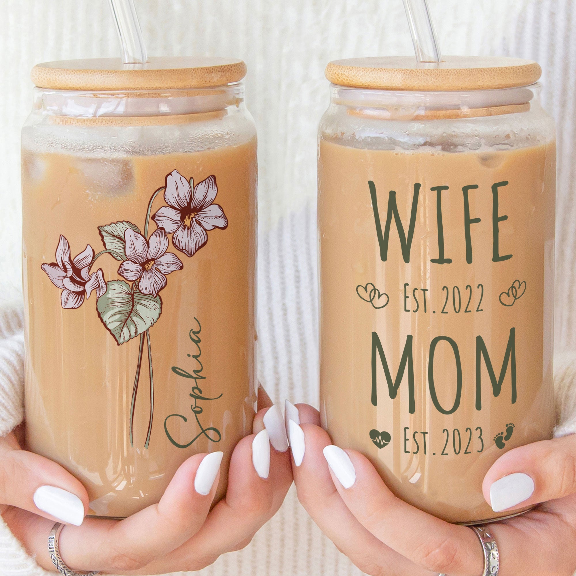 Mom Wife Est Birthday Flower Custom Month - Personalized Clear Glass Cup