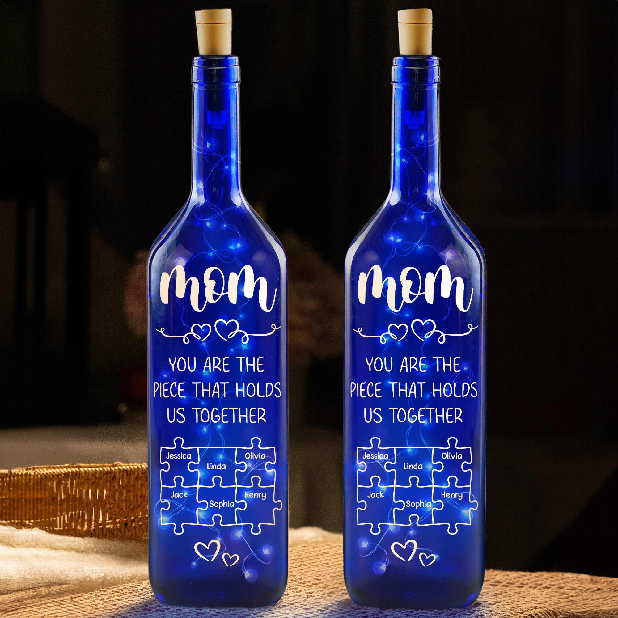Mom You Are The Piece That Holds Us Together - Personalized Blue Bottle Lamp