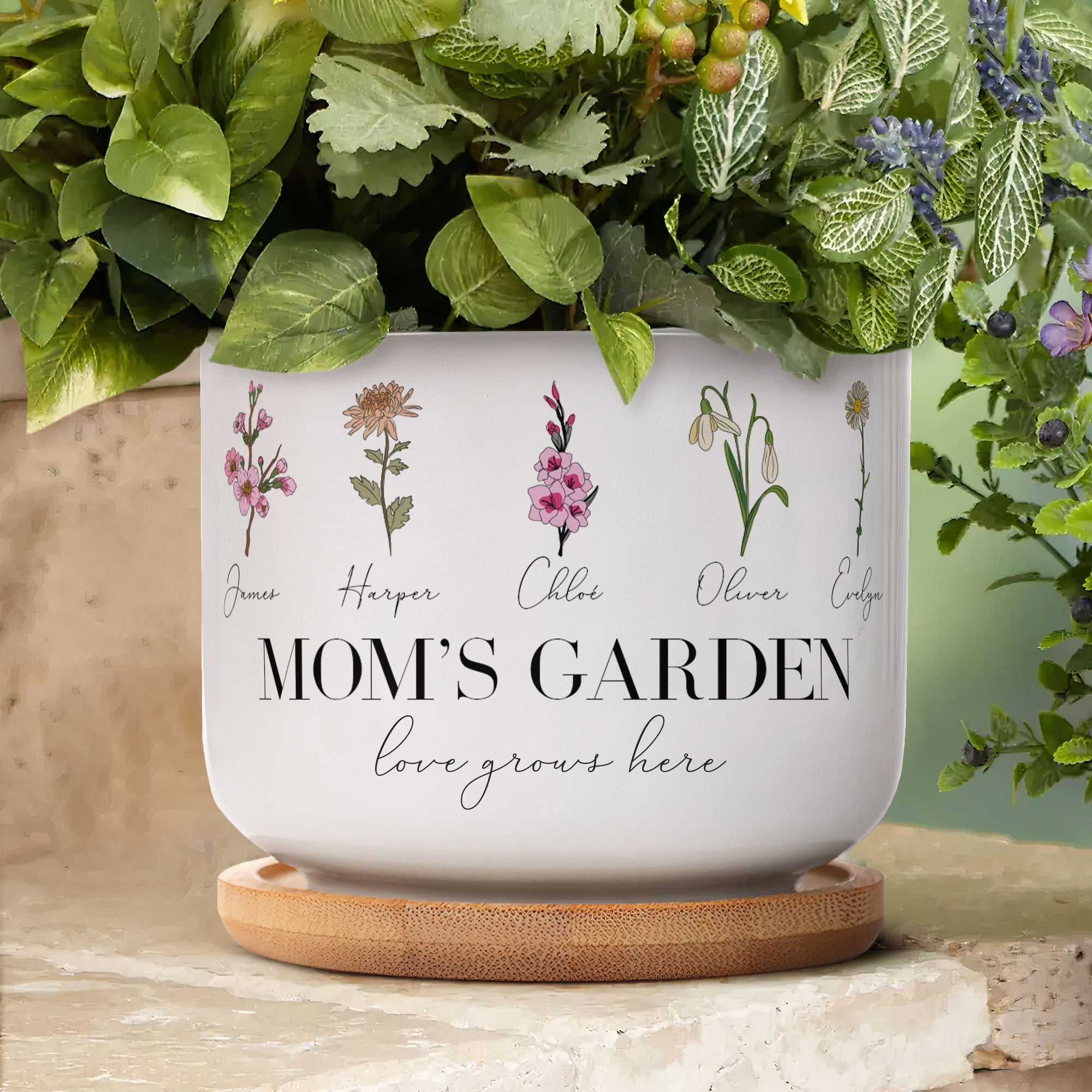 Mom's Garden Love Grows Here Custom Birthflower - Personalized Ceramic Plant Pot With Tray