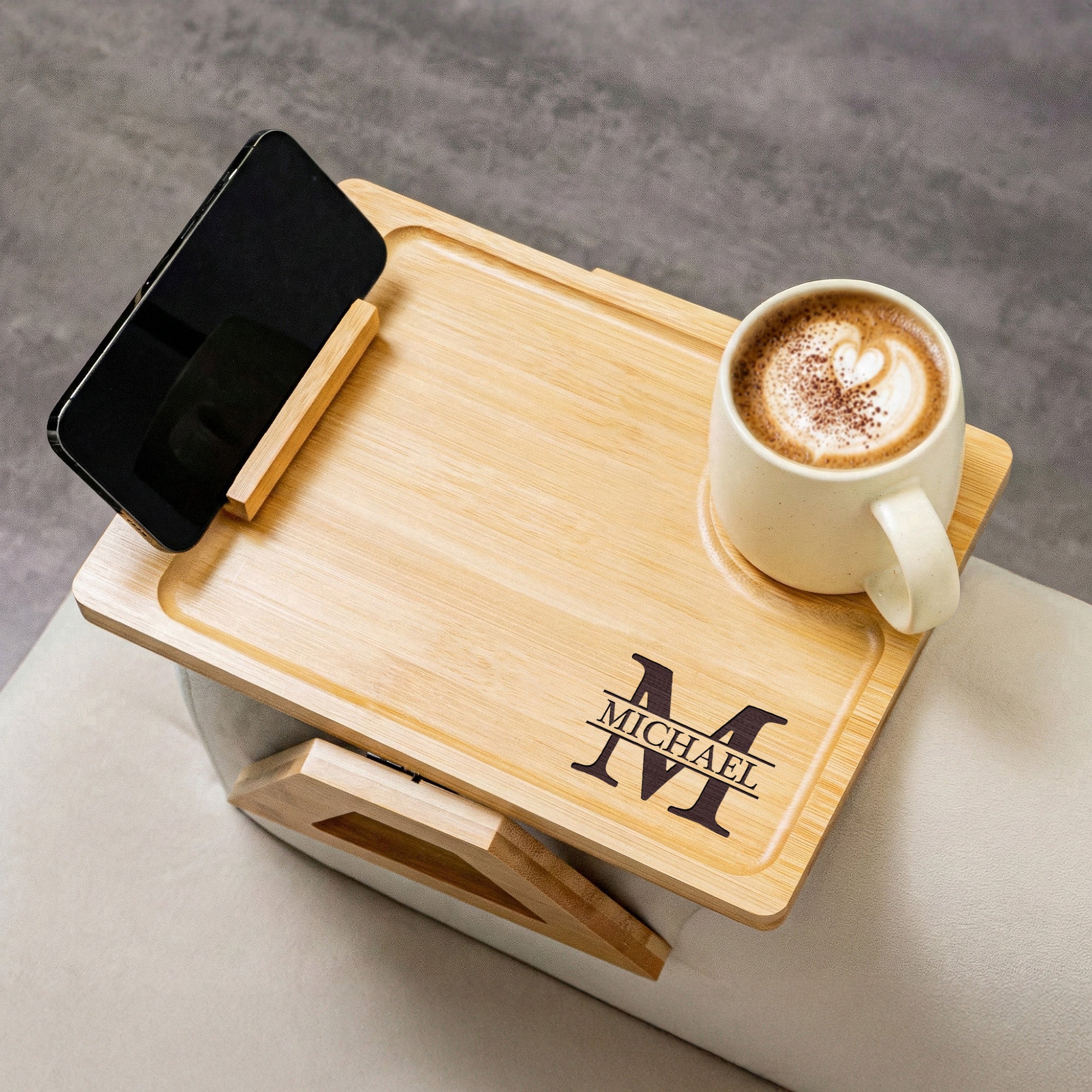 Monogram Gift For Men, Husband, Dad - Personalized Wooden Couch Arm Table