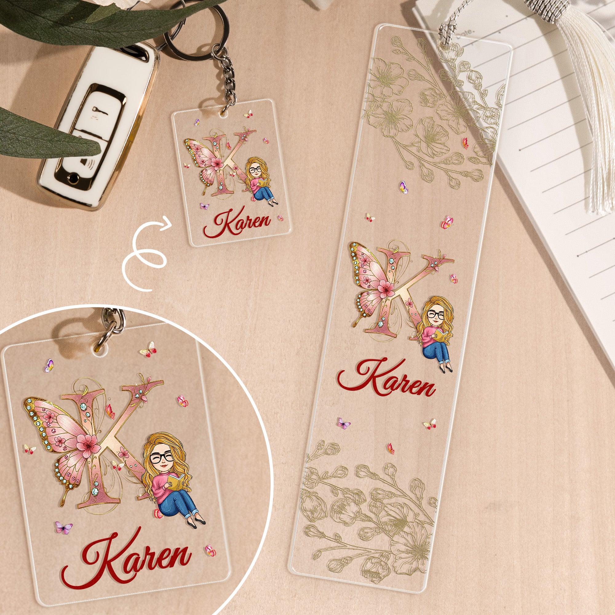 Monogram Letter Book Lovers - Personalized Acrylic Bookmark And Keychain Set