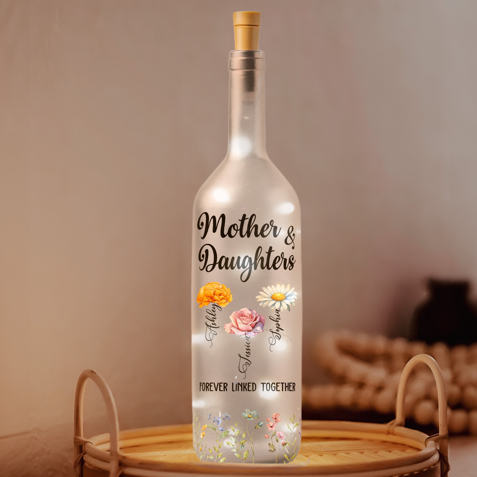 Mother And Daughter Forever Linked Together Custom Birth Flower - Personalized Bottle Lamp