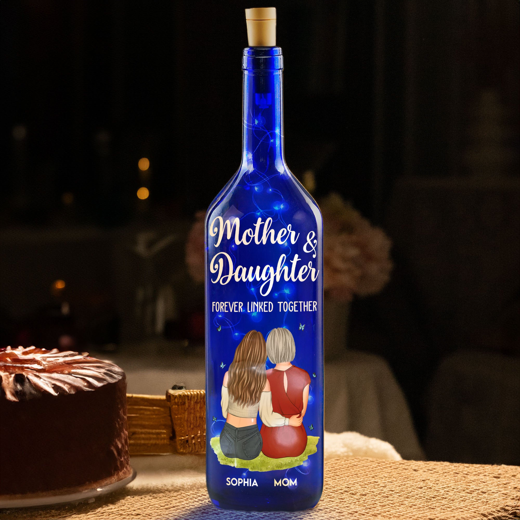 Mother And Daughter Forever Linked Together - Personalized Blue Bottle Lamp