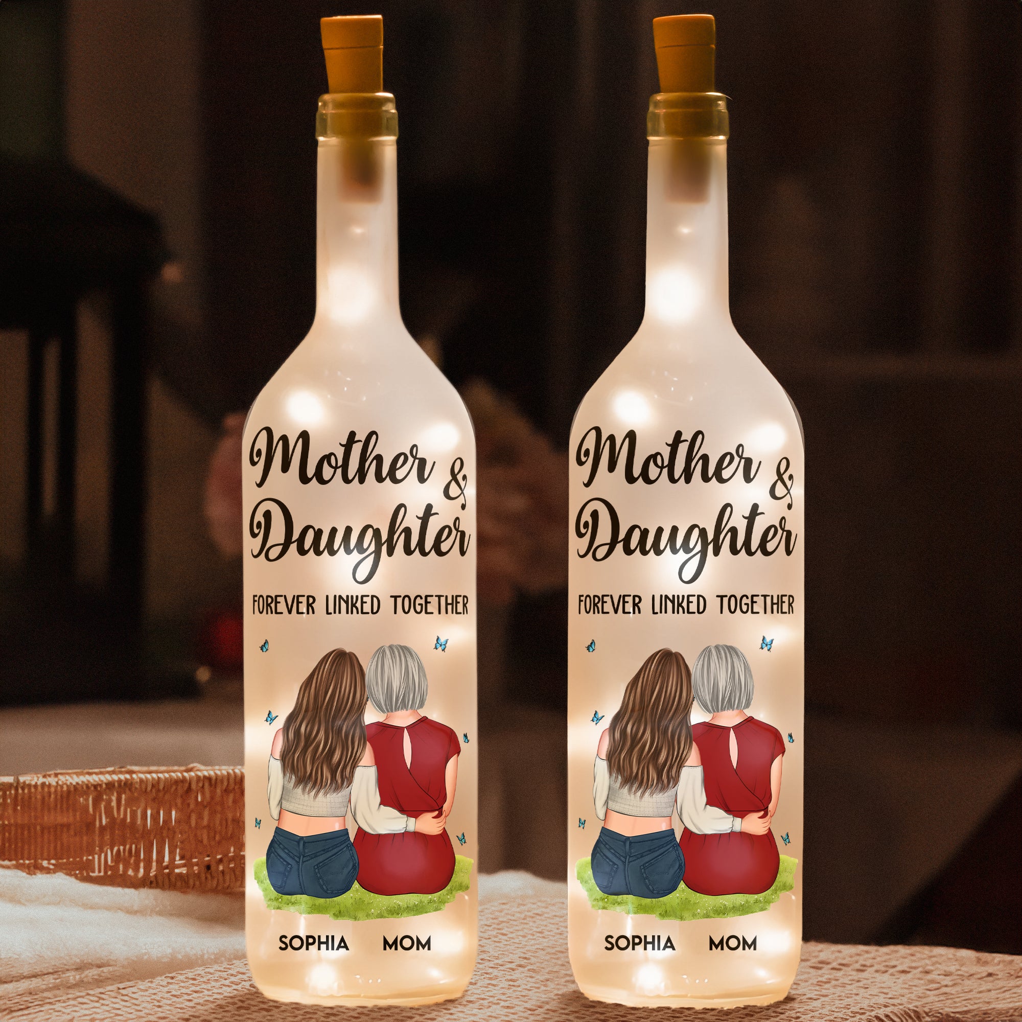 Mother And Daughter Forever Linked Together - Personalized Bottle Lamp - Gift For Mom