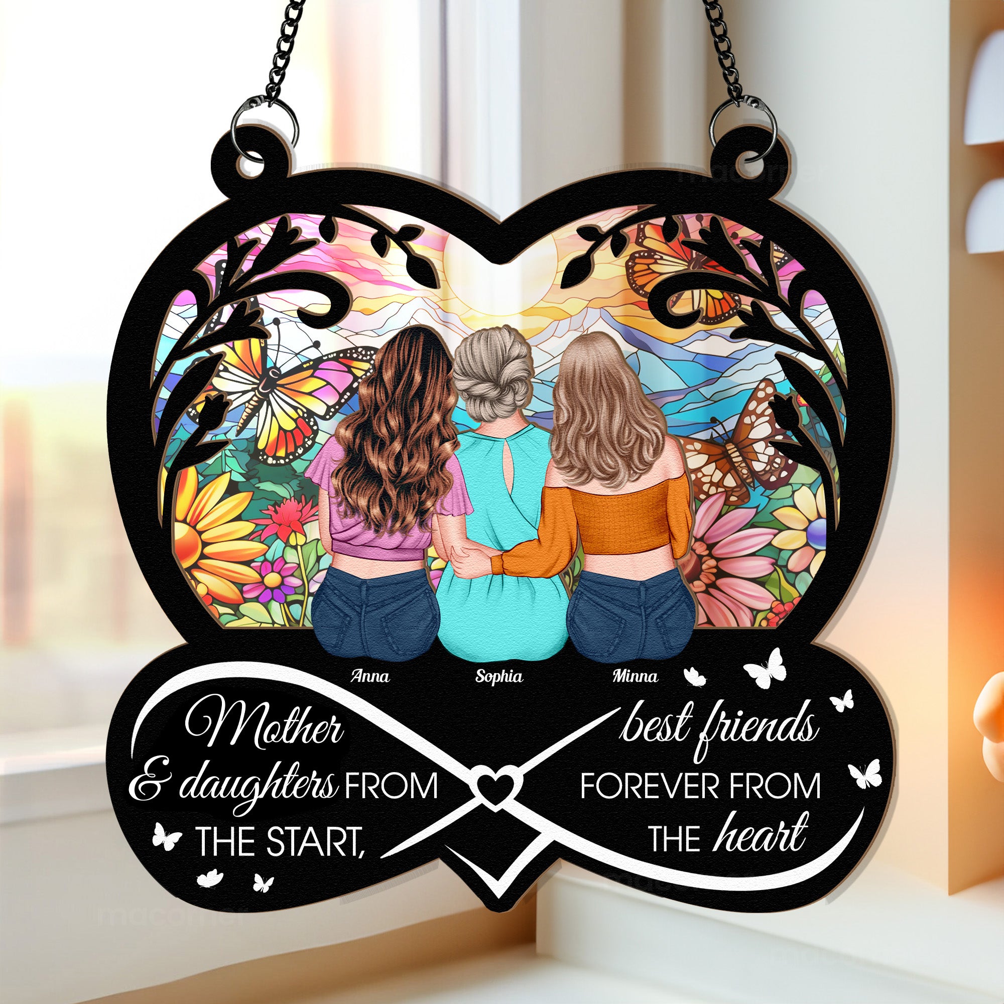 Mother & Daughters, Best Friends Forever From The Heart - Personalized Window Hanging Suncatcher Ornament