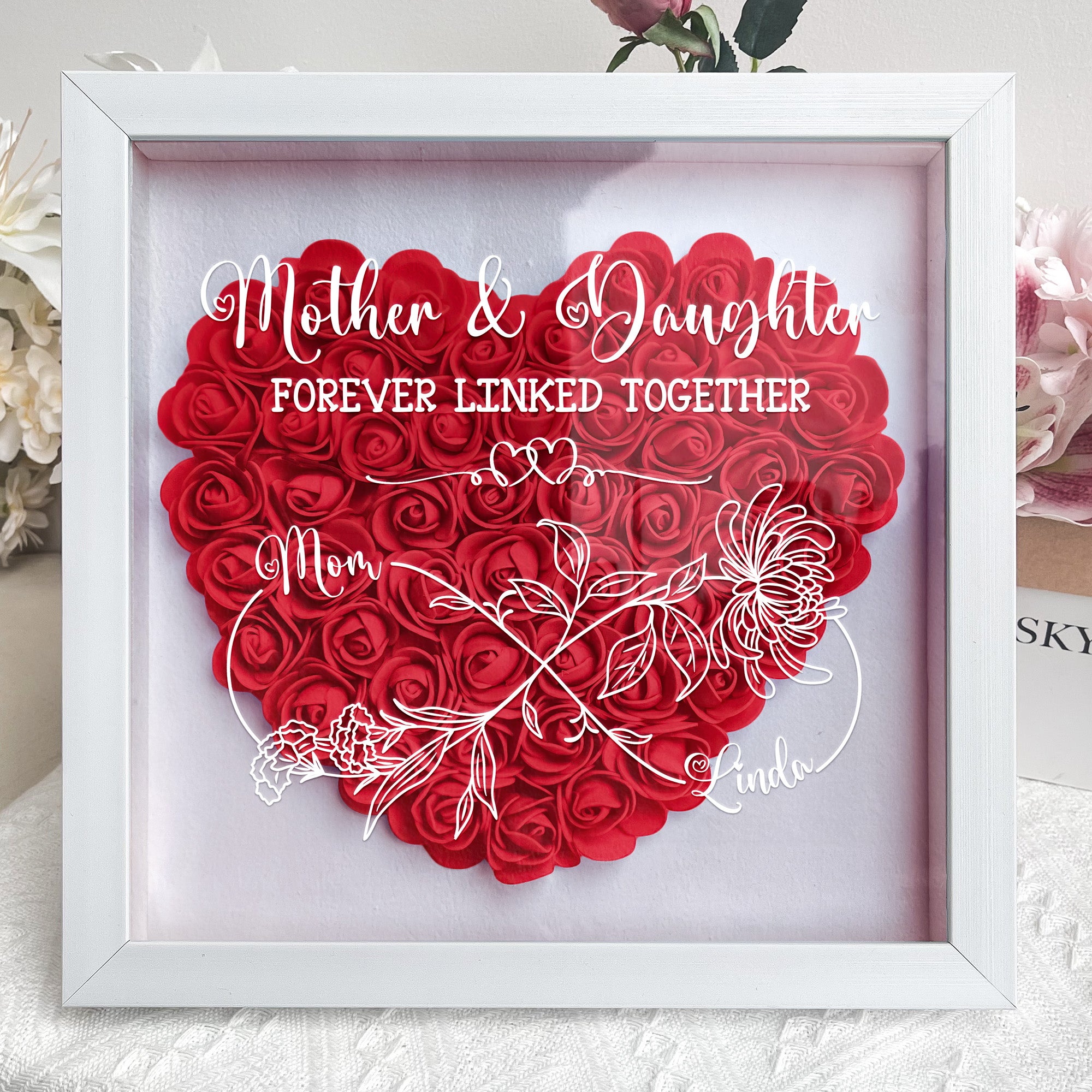 Mother & Daughter Forever Linked Together - Personalized Flower Shadow Box