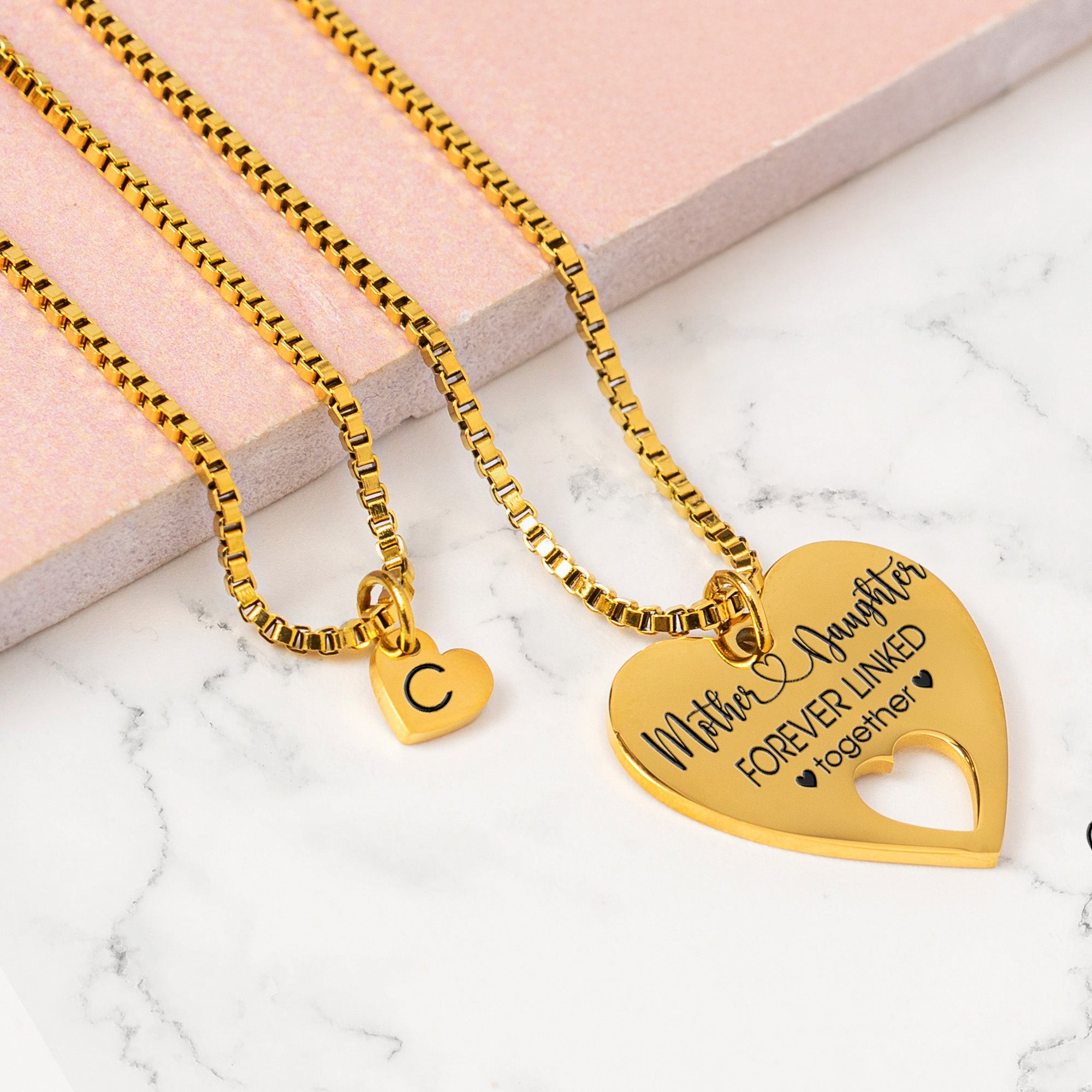 Mother & Daughter Forever Linked Together - Personalized Puzzle Heart Necklace Set