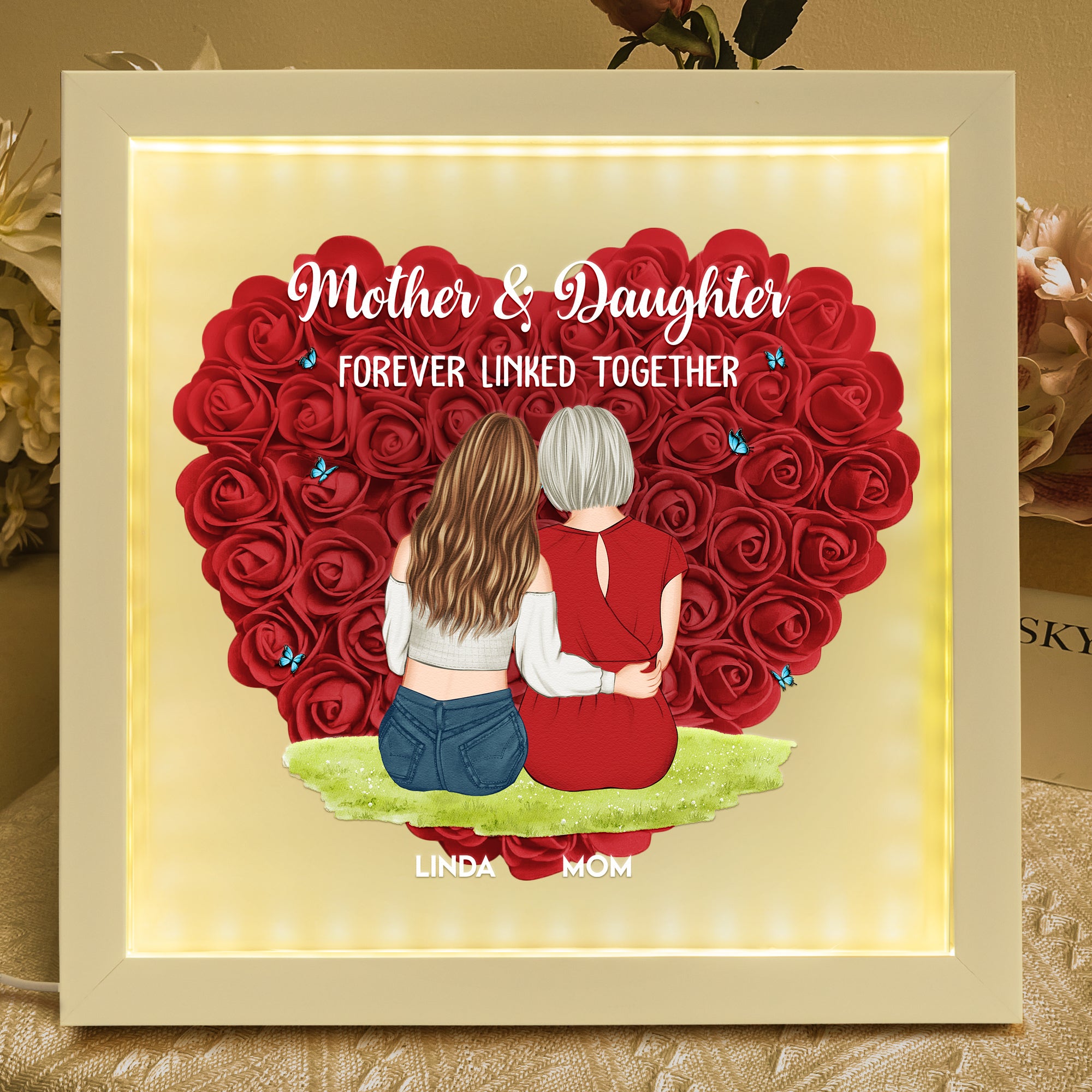Mother & Daughter - Personalized Flower Shadow Box With LED Light