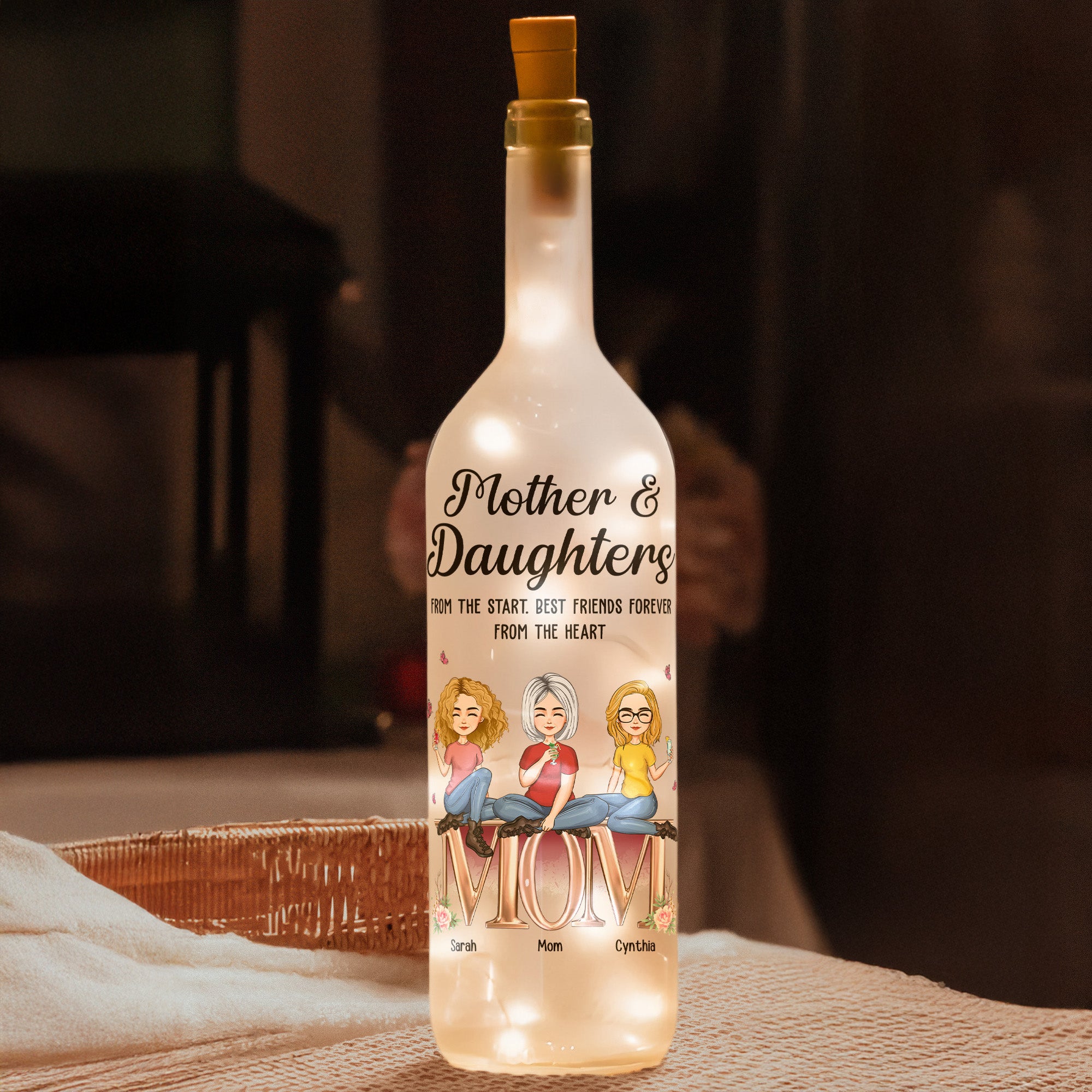 Mother & Daughters Best Friends Forever From The Heart - Personalized Bottle Lamp