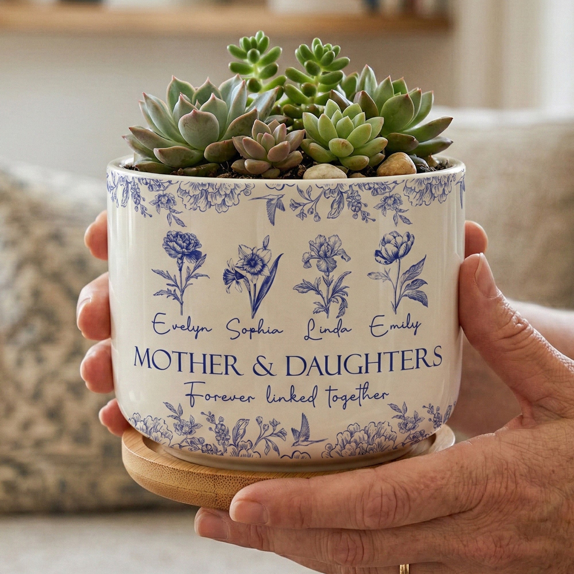 Mother & Daughters Forever Linked Together Birth Flower - Personalized Ceramic Plant Pot
