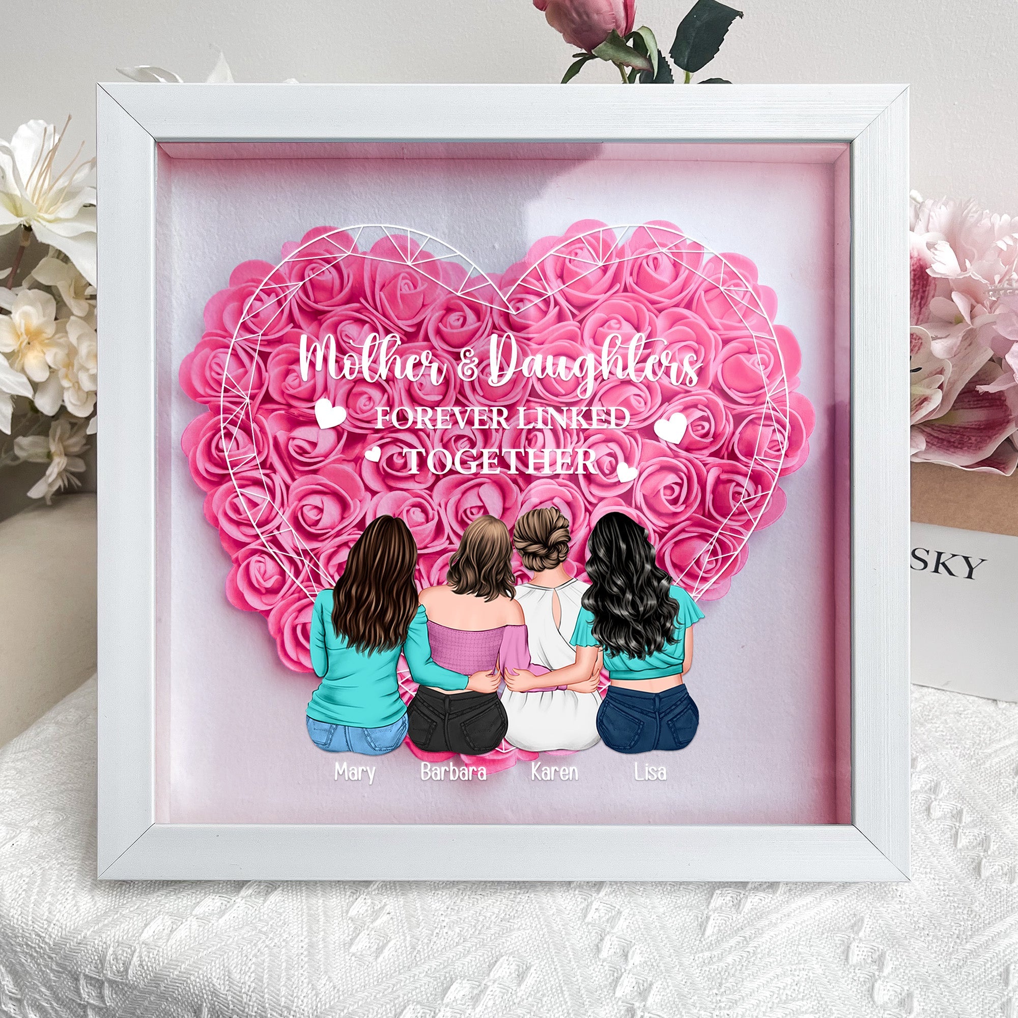Mother & Daughters Forever Linked Together - Personalized Flower Shadow Box