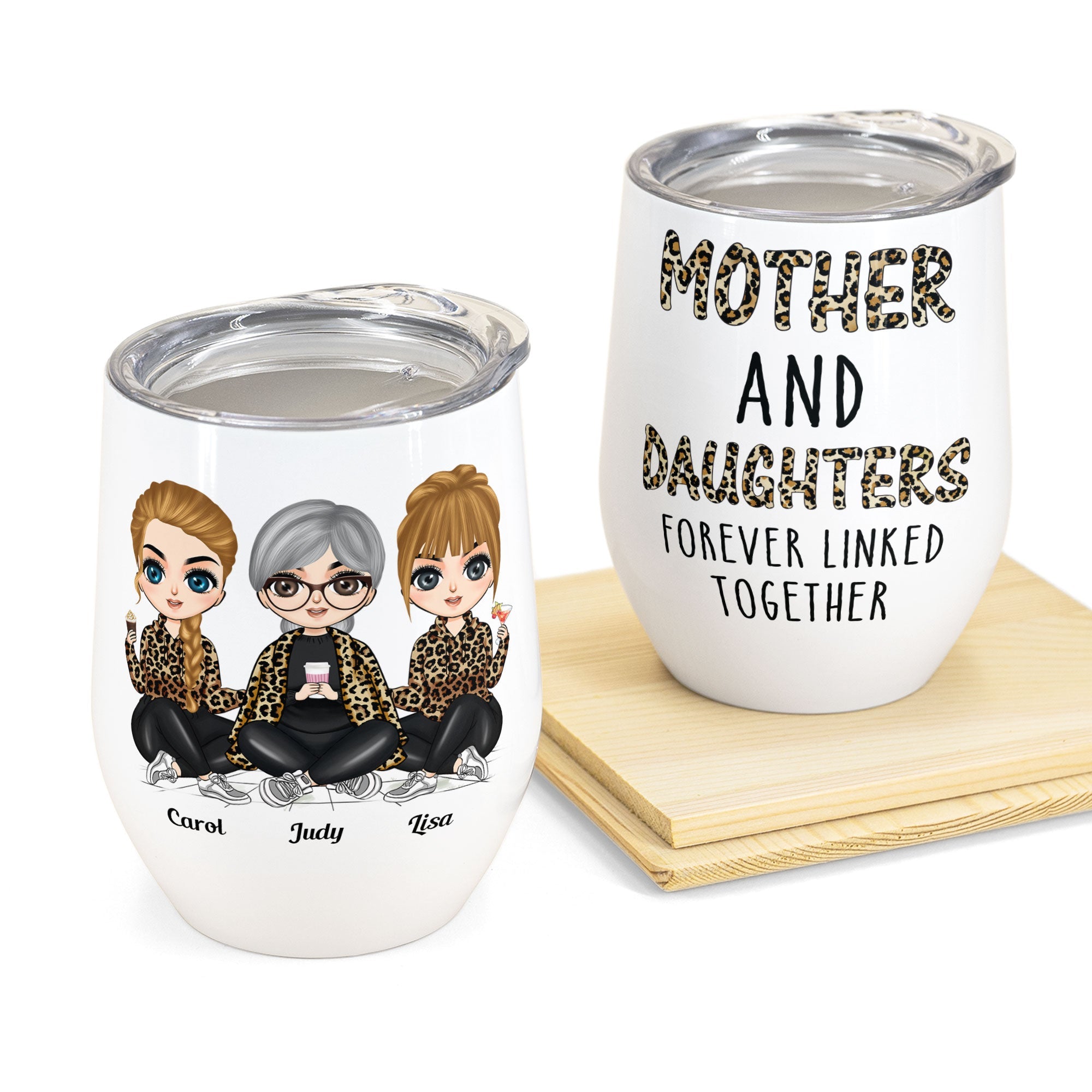Mother & Daughters Forever Linked Together - Personalized Wine Tumbler - Birthday Gift For Mother, Mom, Daughter - Chibi Girls