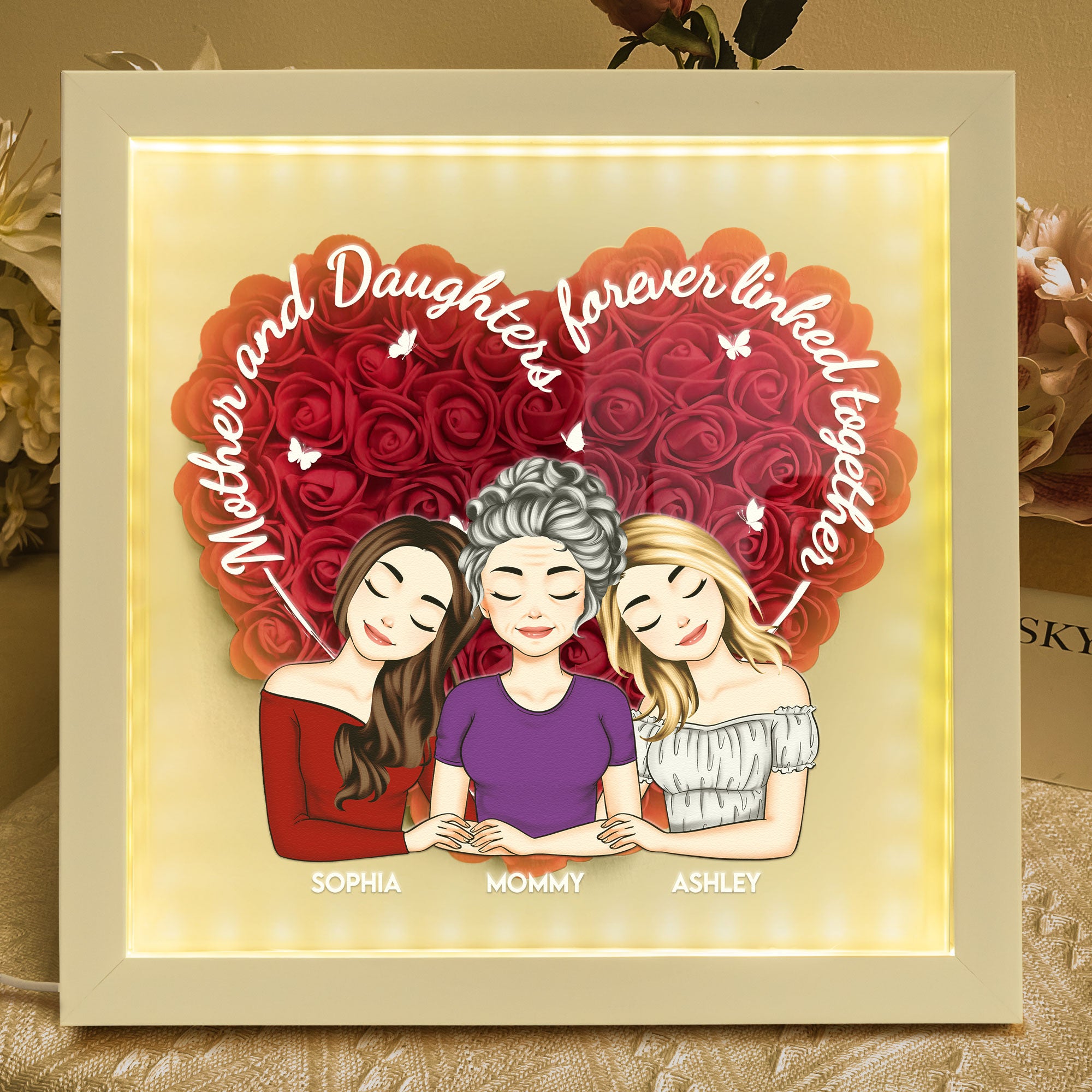 Mother Daughters Linked Together - Personalized Flower Shadow Box With LED Light