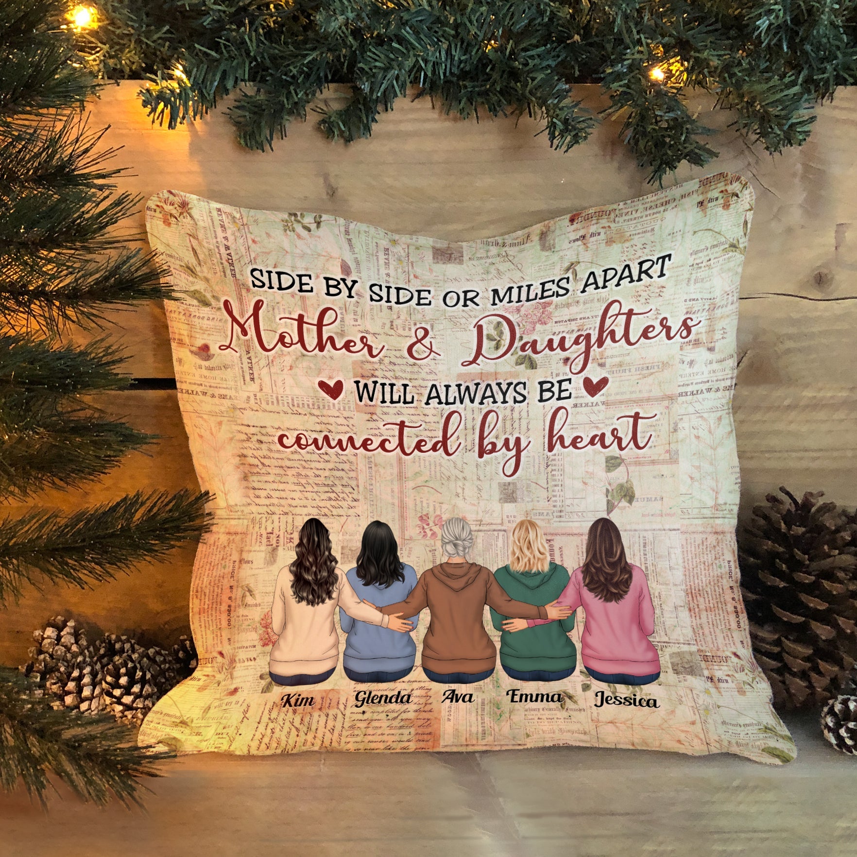 Mother & Daughters Will Always Be Connected By Heart  - Personalized Pillow (Insert Included) - Christmas Gift For Mother, Daughters, Father, Sons