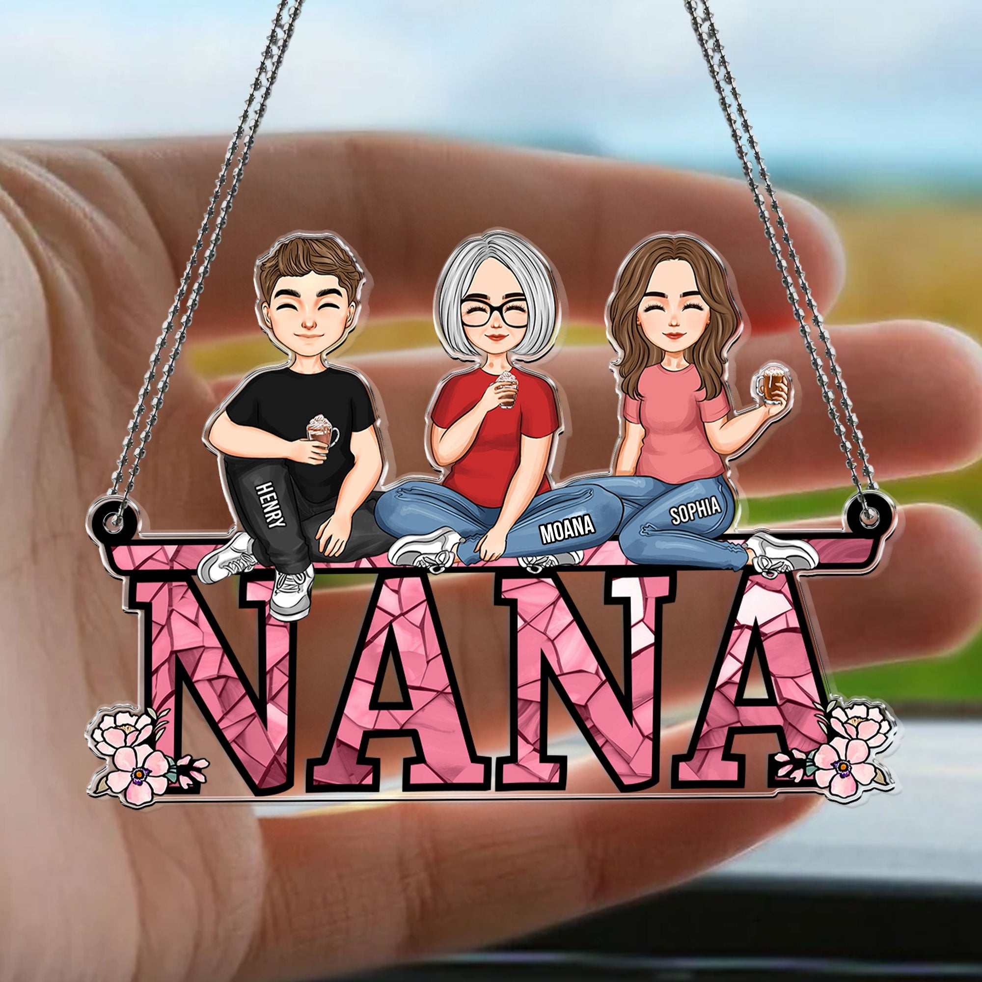 Nana - Children, Sitting Together - Personalized Rear View Mirror Accessory