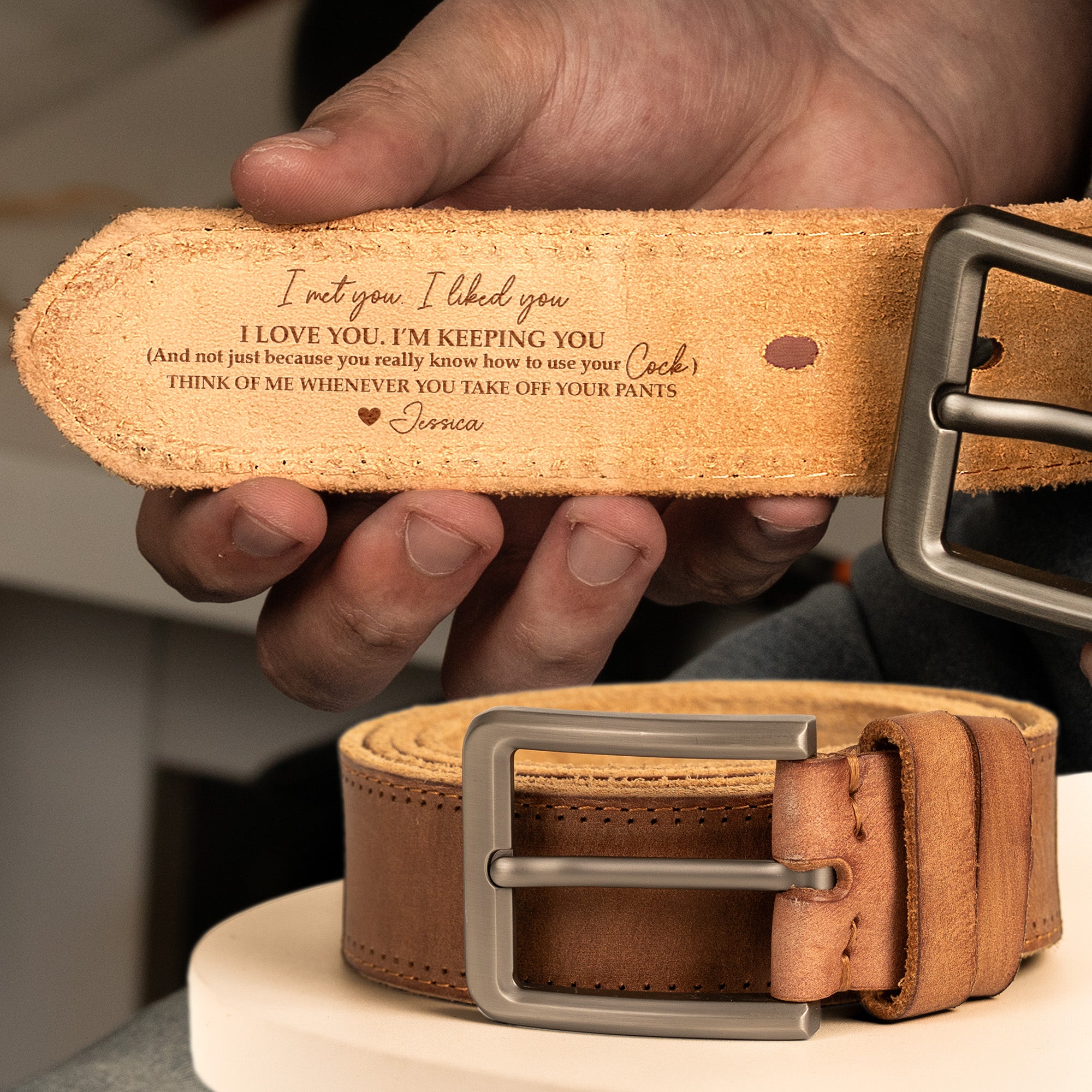 Naughty Gift For Husband, Boyfriend Customize With Hidden Message - Personalized Cowhide Belt