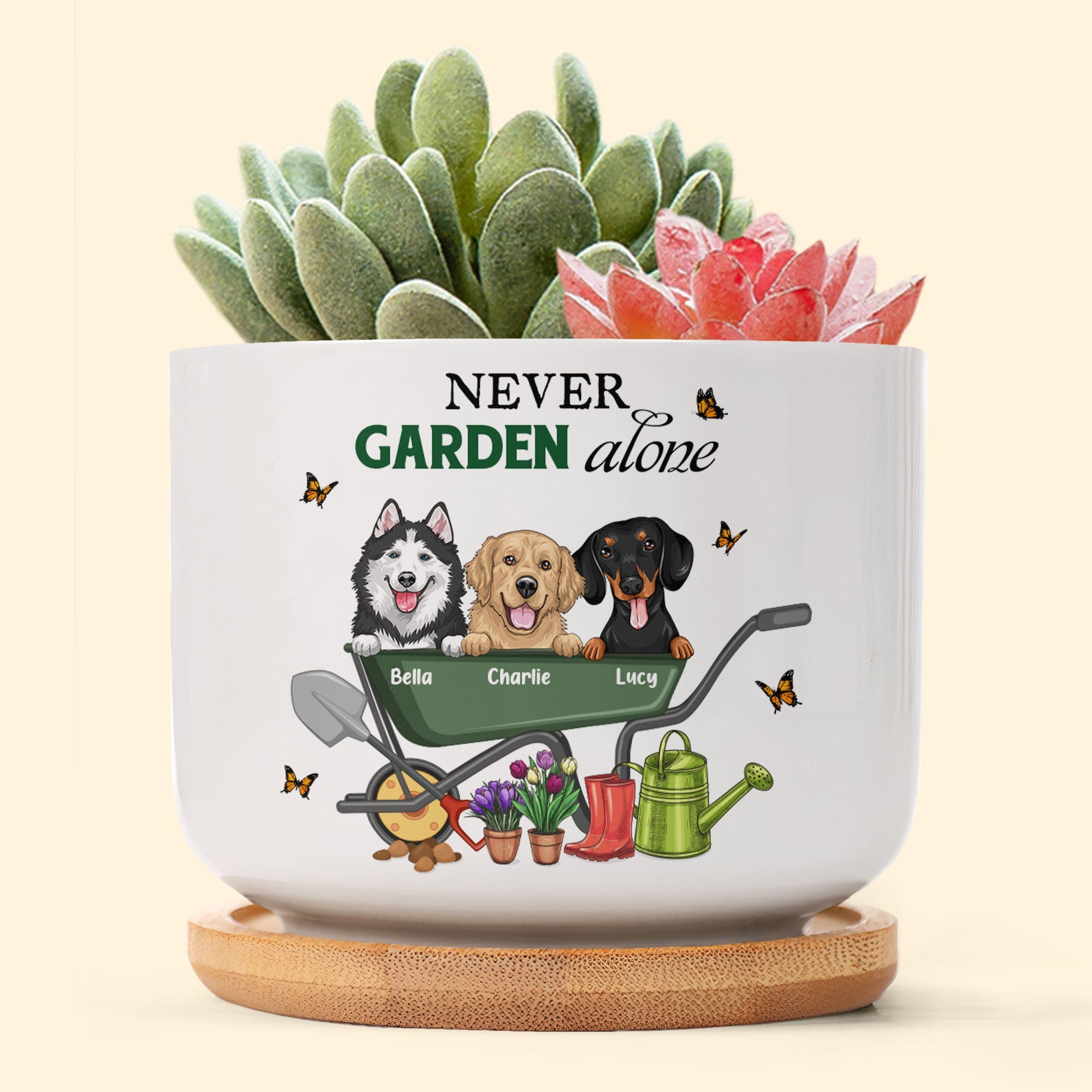 Never Garden Alone - Personalized Ceramic Plant Pot With Tray