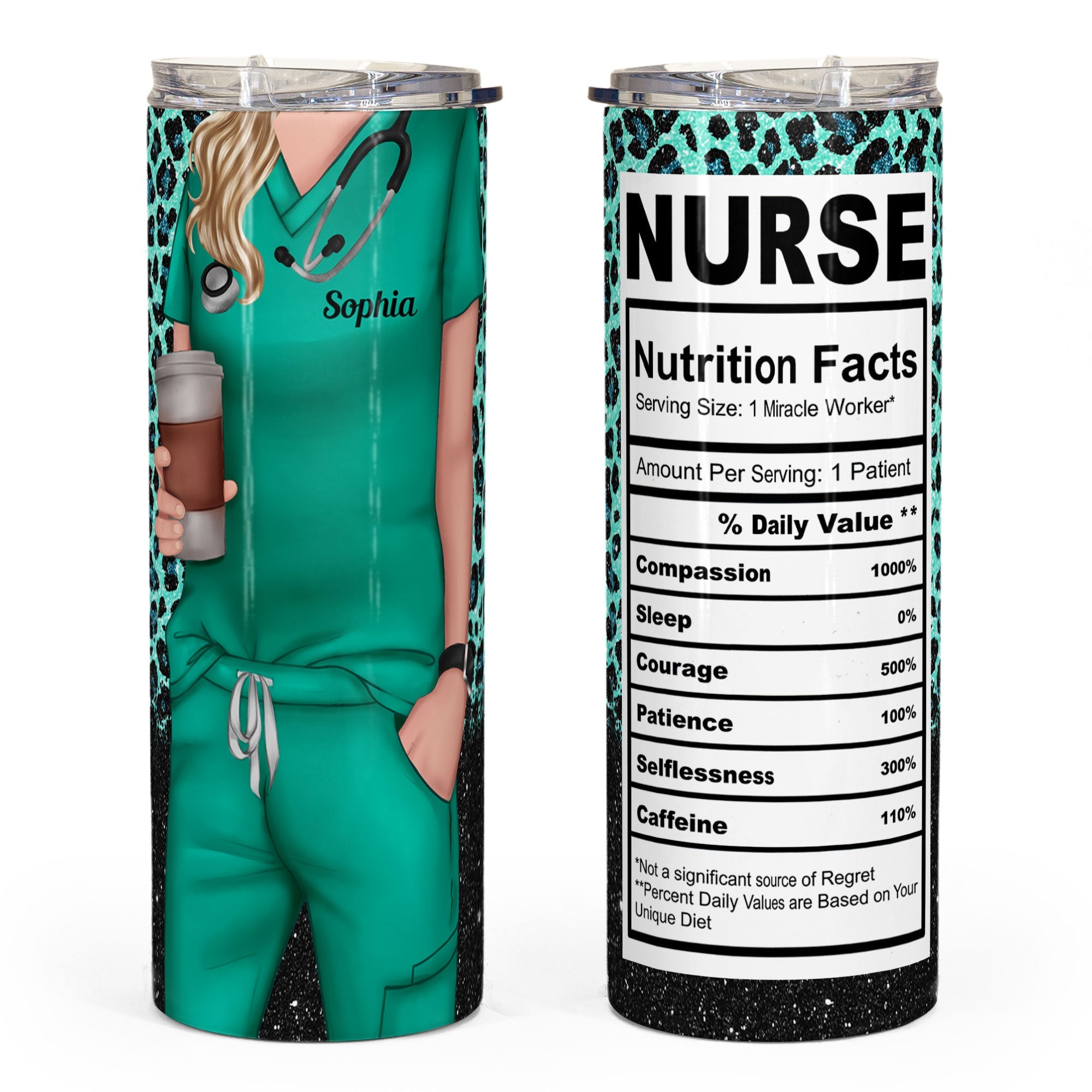 Nurse Life Nutrition Facts - Personalized Skinny Tumbler - Glitter Leopard Design